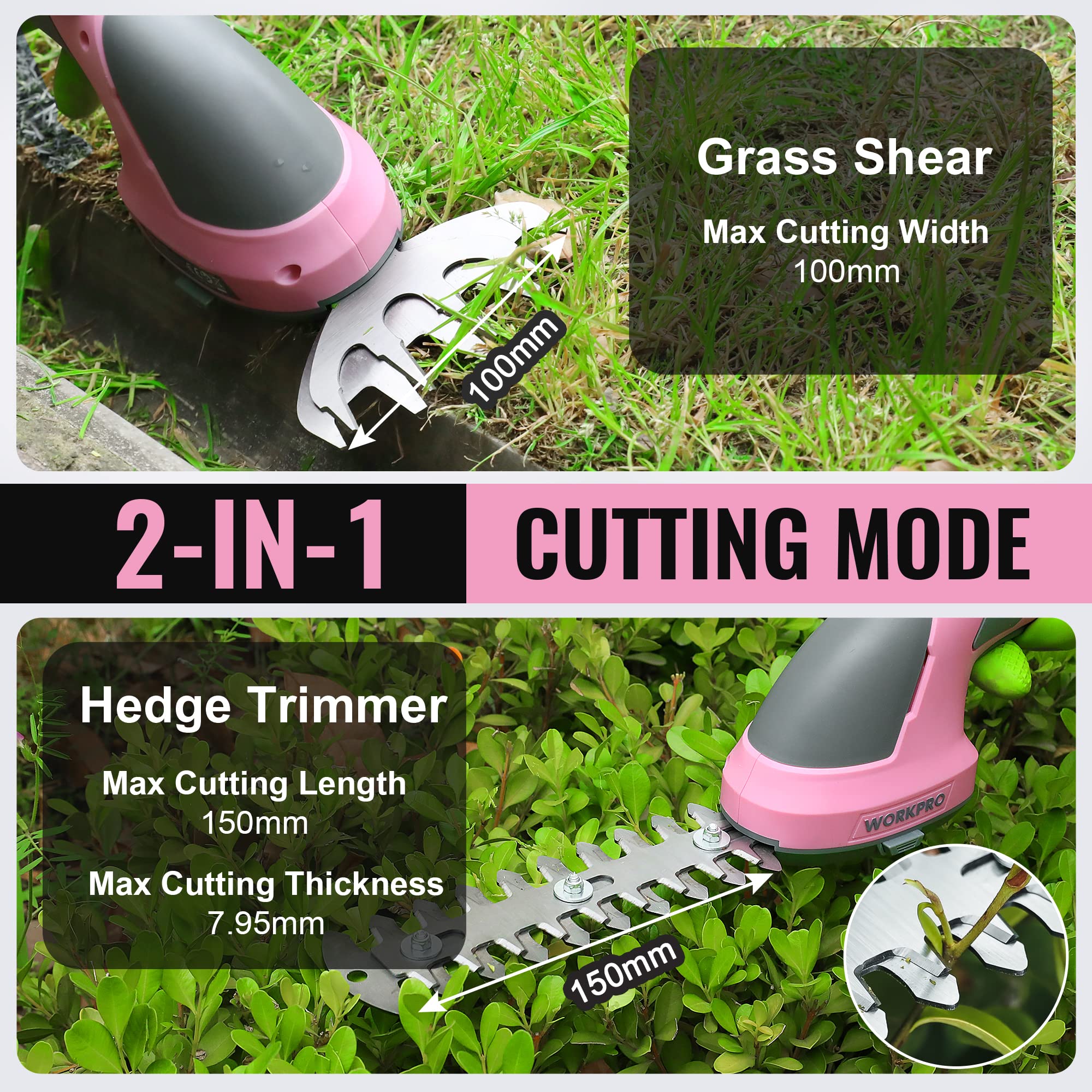 WORKPRO Gartenschere Akku 7,2V Rosa, Handliche Grasschere Elektrisch mit 2 Messern 2.000mAh Akku und Typ C Kabel, 2 in 1 Heckenschere mit Schnittbreite 10cm, Schnittlänge 15cm
