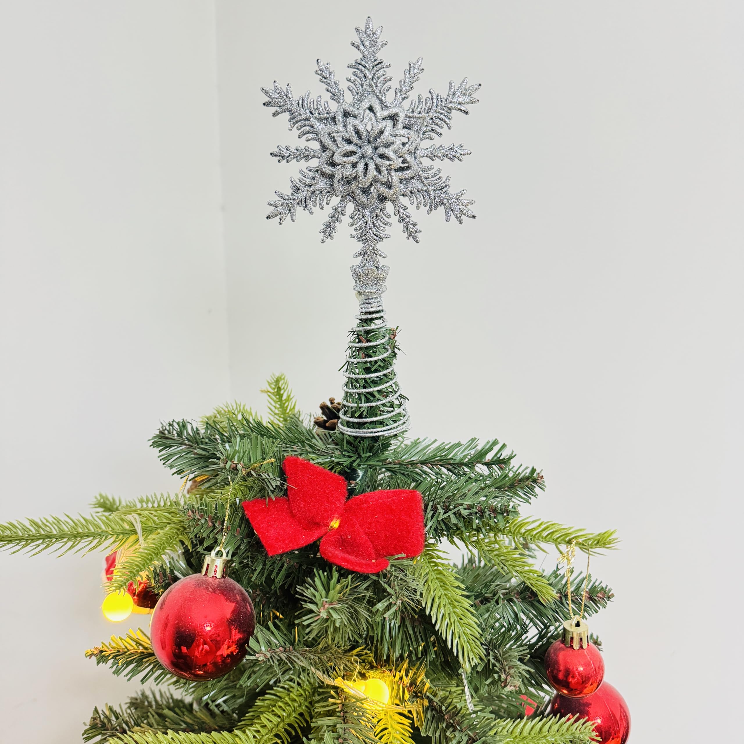 MMvolesy 1Pc Lridescent Glitter Snowflake Mini Tree Topper Christmas Decorations for DIY Christmas Tree Decoration Vertical 8Inch Horizontal 4 Inch Silver