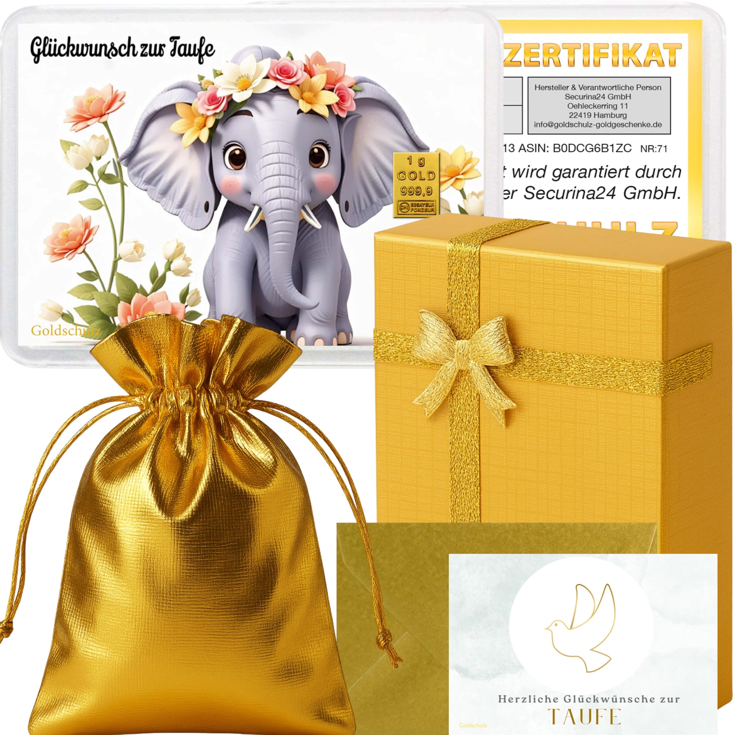 Goldbarren 1g 1 Gramm Motivbox - Zur Taufe Elefant - Geschenk + Echtheitszertifikat