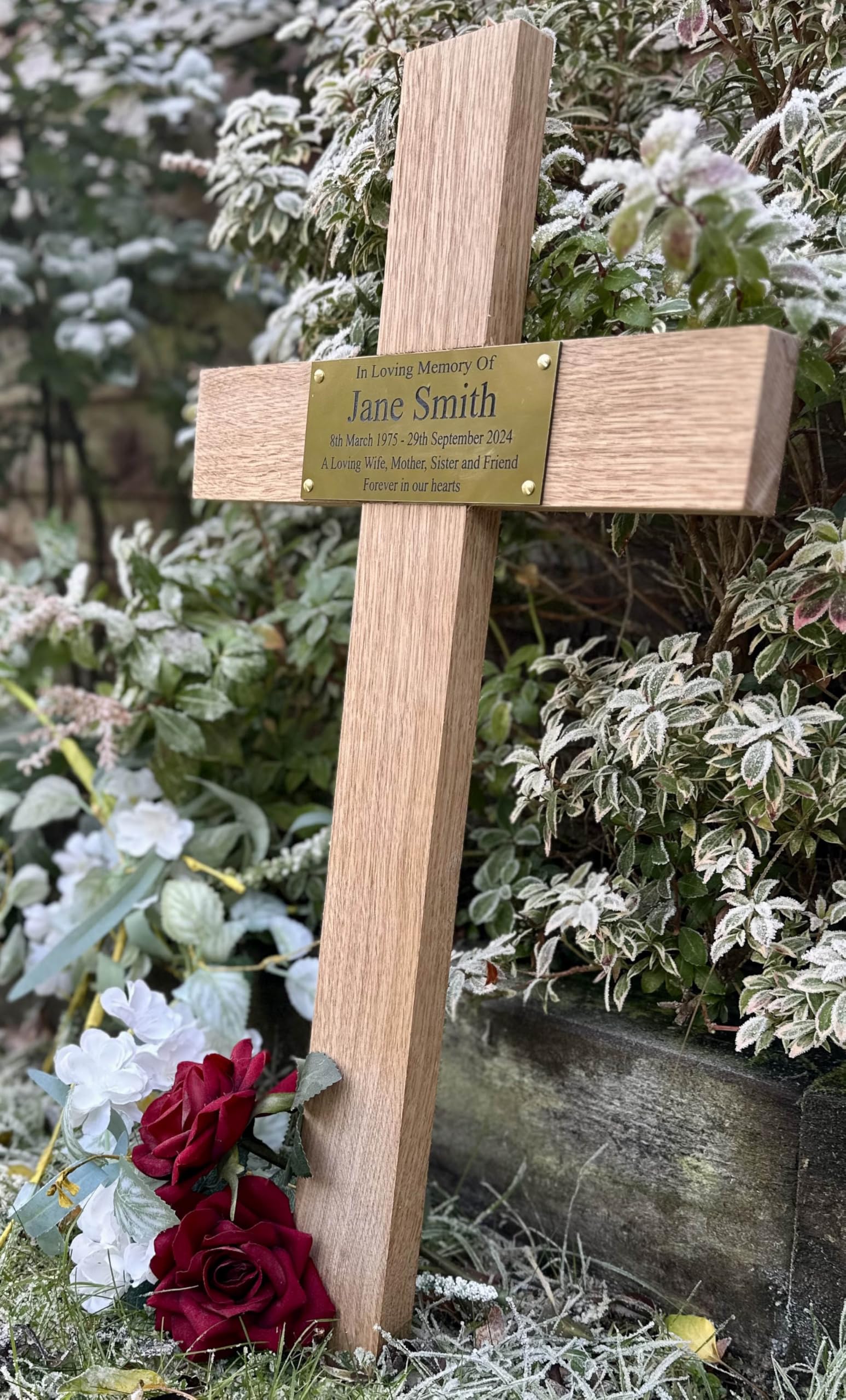23" Personalised memorial cross with plaque solid oak grave marker