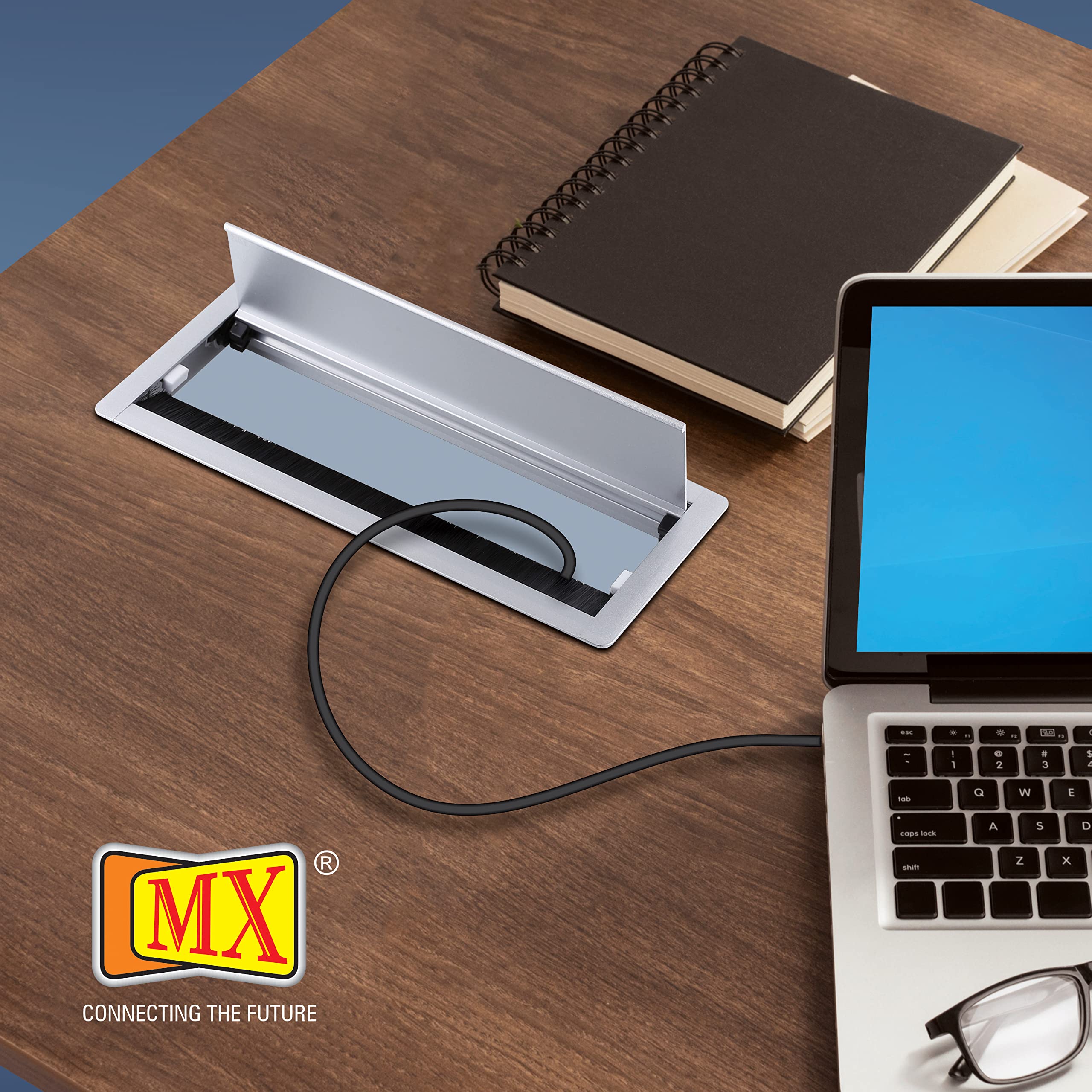MX Adjustable Metal Cable Hole Cover 300×127 mm – Rectangular Desk Grommet, Flip-Open Wire Management, Black 4