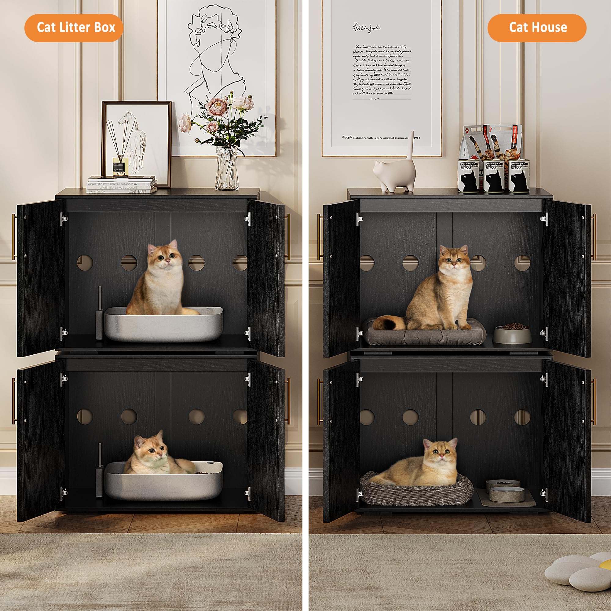 Katzenklo Schrank, Katzenhaus aus Holz mit Scheunentor, Verstecktes Katzenklo, Geräumig & Belüftet Höhlen Möbel für die Meisten Katzentoiletten,65 x 45 x 57 cm,Schwarz