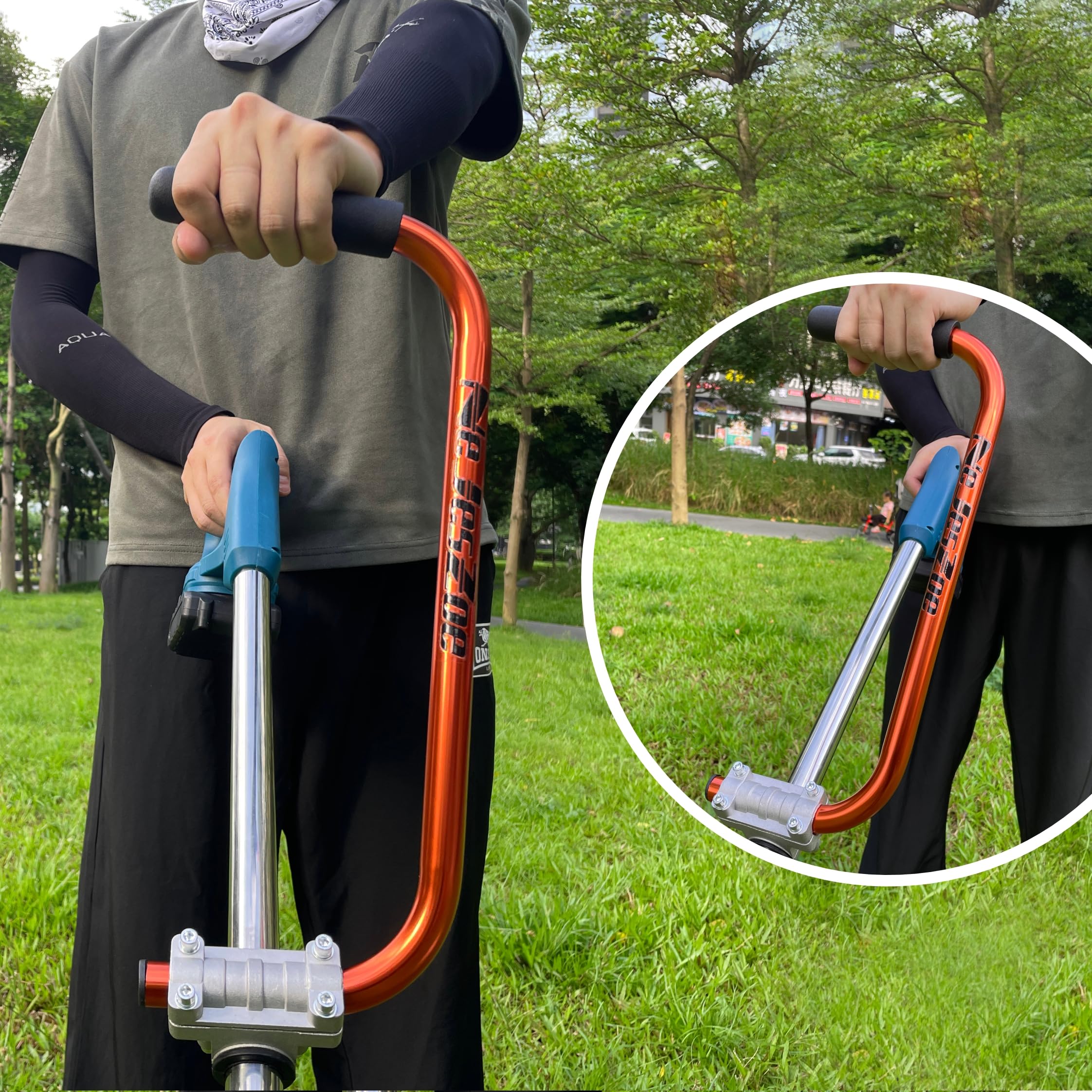 NeJesZoe Mango ergonómico para desbrozadora de hierbas, mango ergonómico para recortadora de césped con abrazadera de soporte para recortadora de cuerdas, cuidado del césped, paisajismo (naranja)