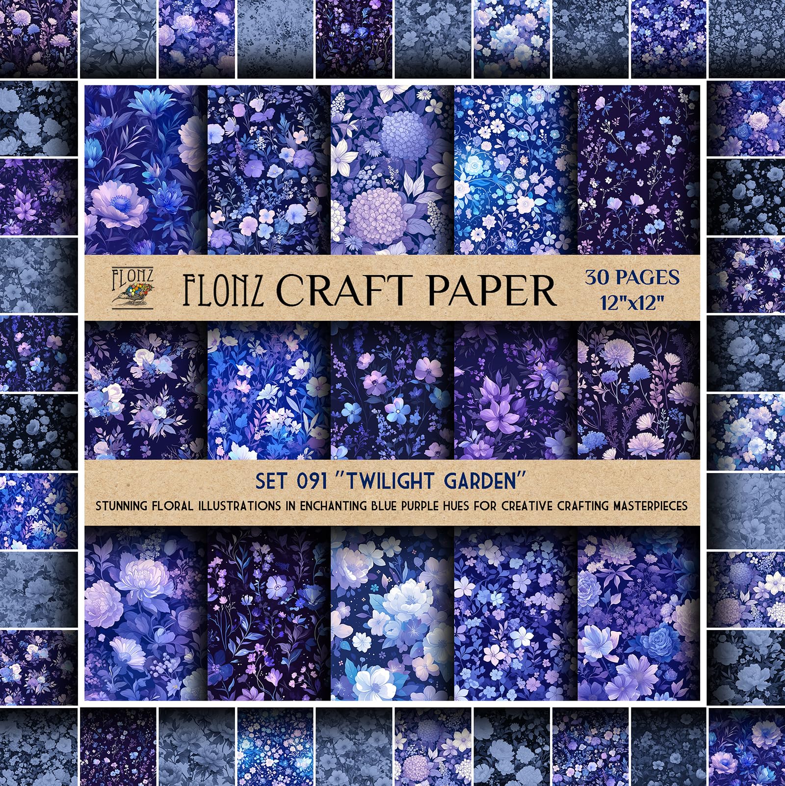 Scrapbook Paper (30 pages 12"x12") Twilight Garden: Stunning Floral Illustrations in Enchanting Blue Purple Hues for Creative Crafting Masterpieces