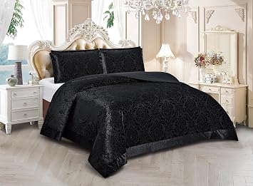 PRIME LINENS Luxury 3 Piece Velvet Quilted Bedspread Damask Bed Throw Comforter Bedding Set with 2 Pillow Shams EMILIA Super Soft Black, Double
