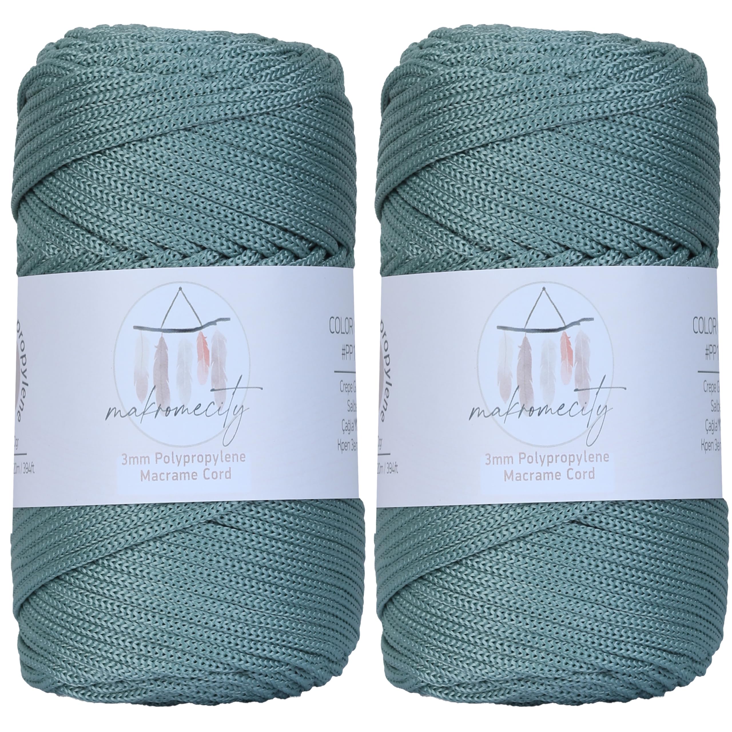 Makromecity, 2 Skeins of Polyester Macrame Cord 3mm x 131 Yards (394 feet) 3mm Polypropylene Crepe Green Macrame Cord Crochet Macrame Bag Cord Crafts for Wall Hangings, Bags, Underplate, Rug…