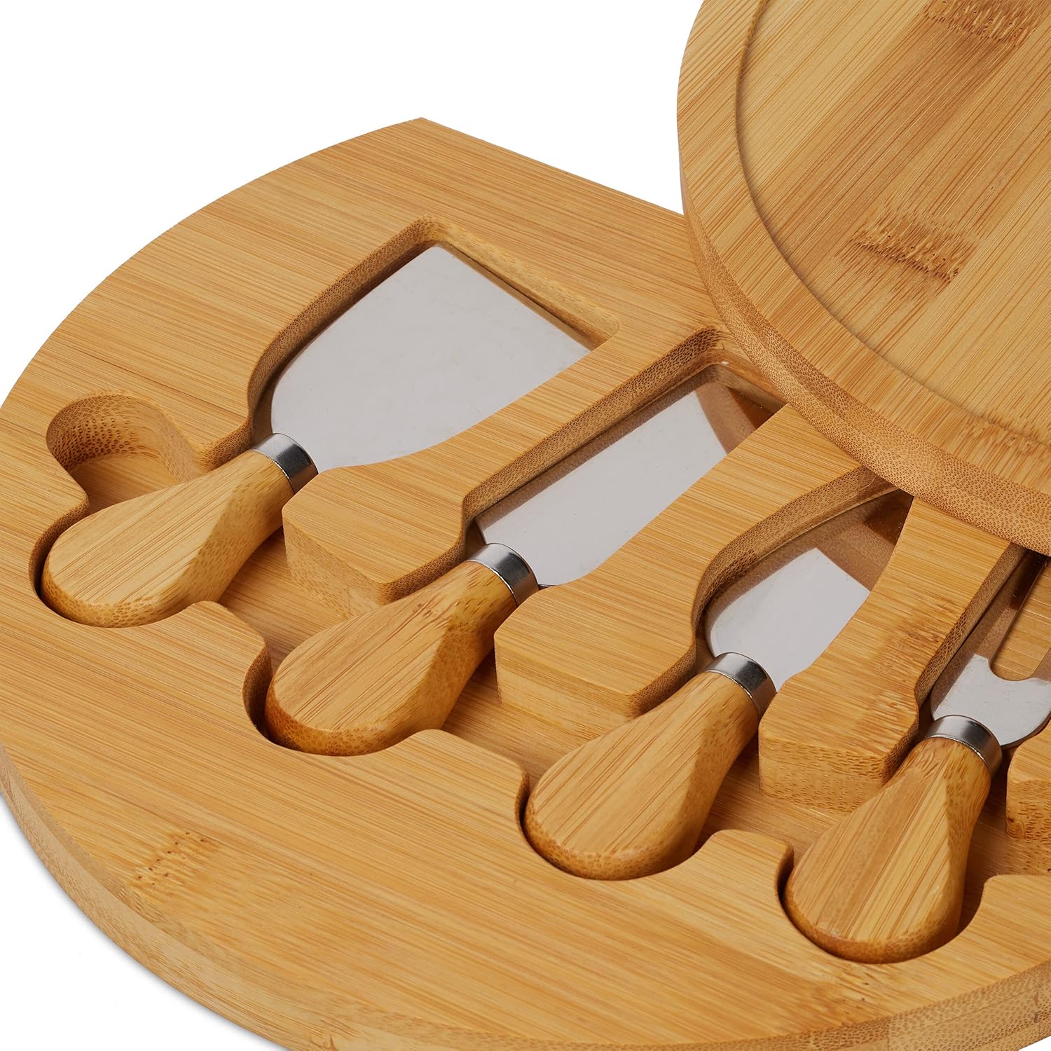 Relaxdays Cheese Board with Cheese Knife Set, HD 4 x 33 cm, Swivel Cheese Plate, 4 Piece Cheese Cutlery, Bamboo & Stainless Steel, Natural
