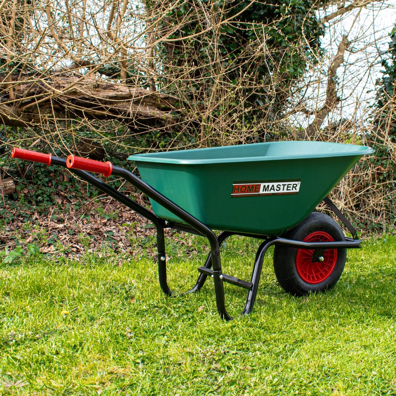 Carretilla de jardín Home Master® de Alta Resistencia | Neumáticos | Carro de Transporte Robusto y Espacioso | 90 L | Carga máxima: 150 kg | Acero con Recubrimiento en Polvo (plástico Negro)