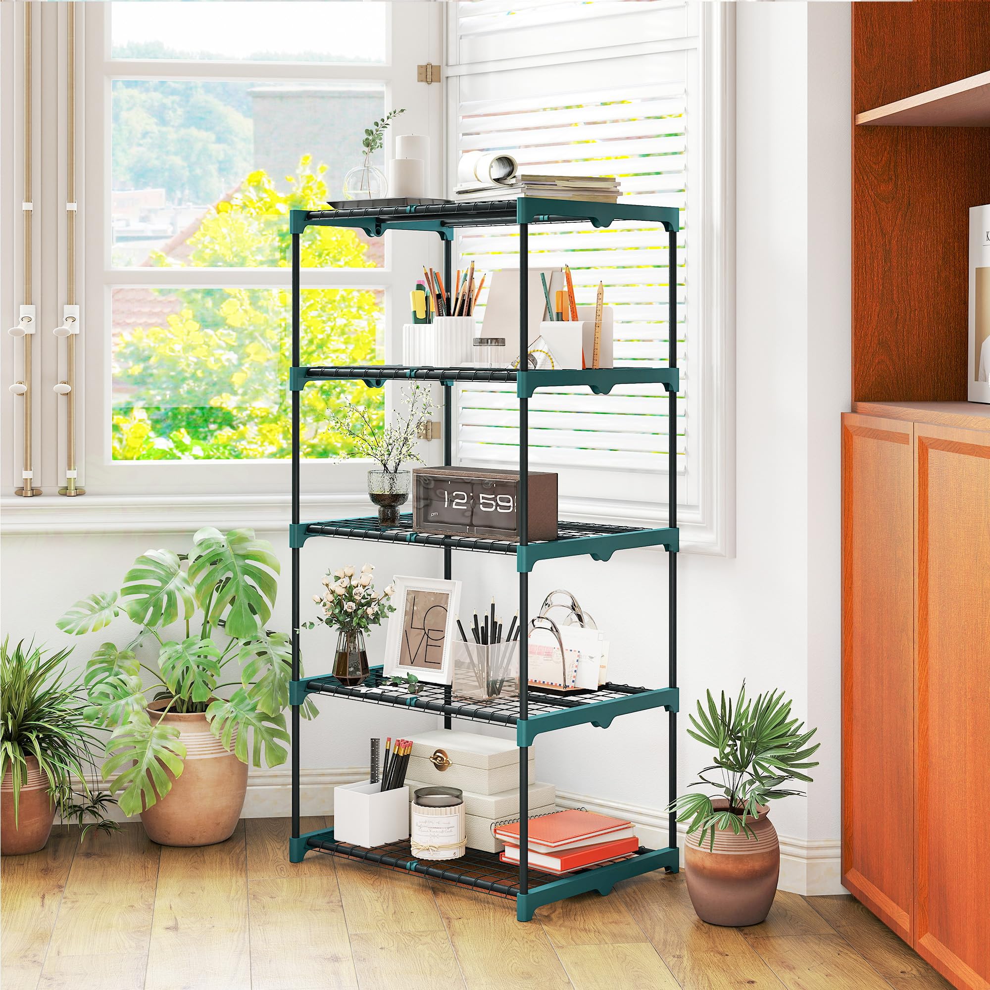 Outsunny Soporte para Plantas de 5 Niveles Acero 67x49x138 cm Verde Oscuro | Estantería para Plantas de Acero, Estantes de Rejilla, Estantería para Macetas, Interior y Exterior