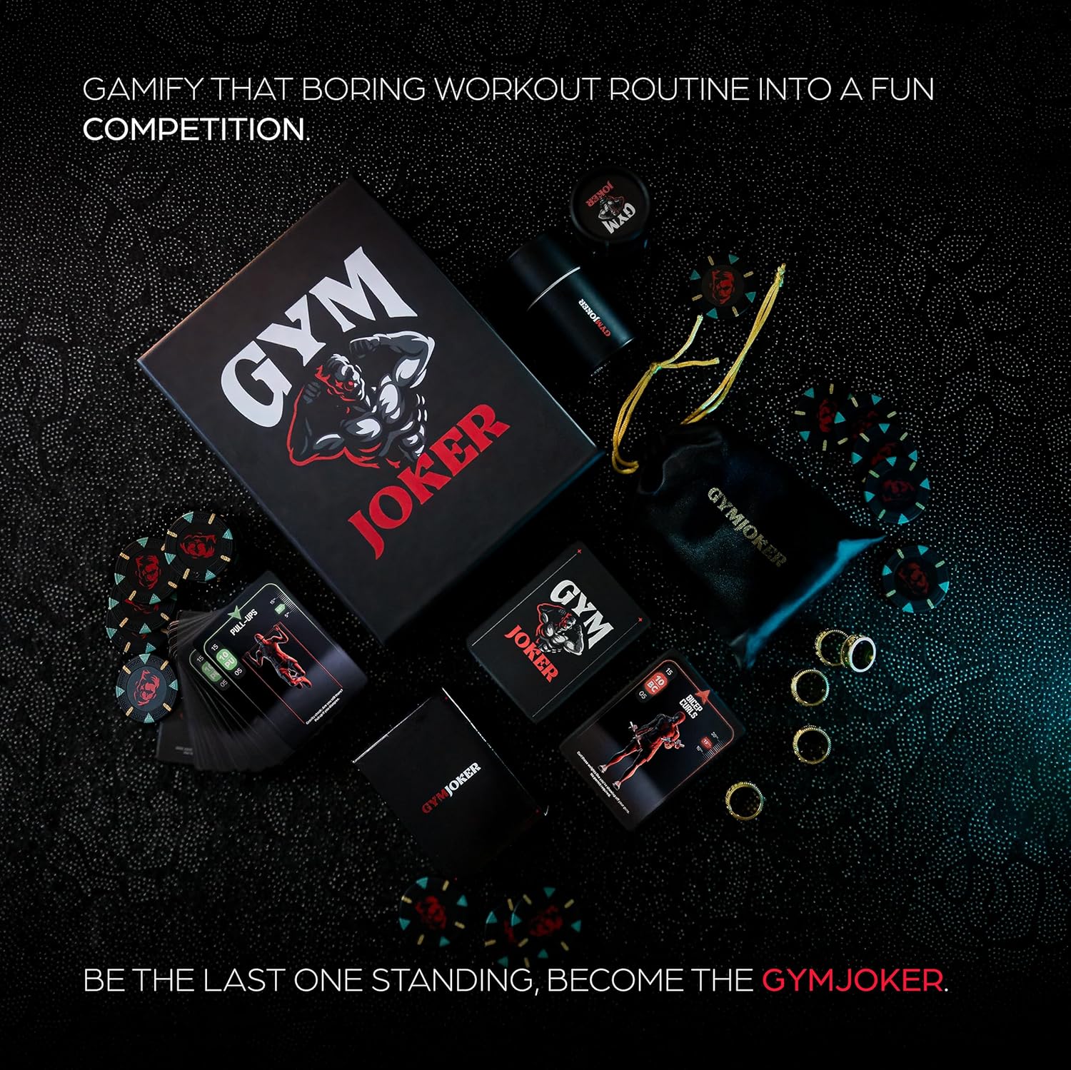 Fitness Card Game - Fun Workout Challenge Deck with Chips & Rings | Turn Exercise into Competitive Gym Games | Perfect for Group Workouts, Parties Squad & Home Gym Joker