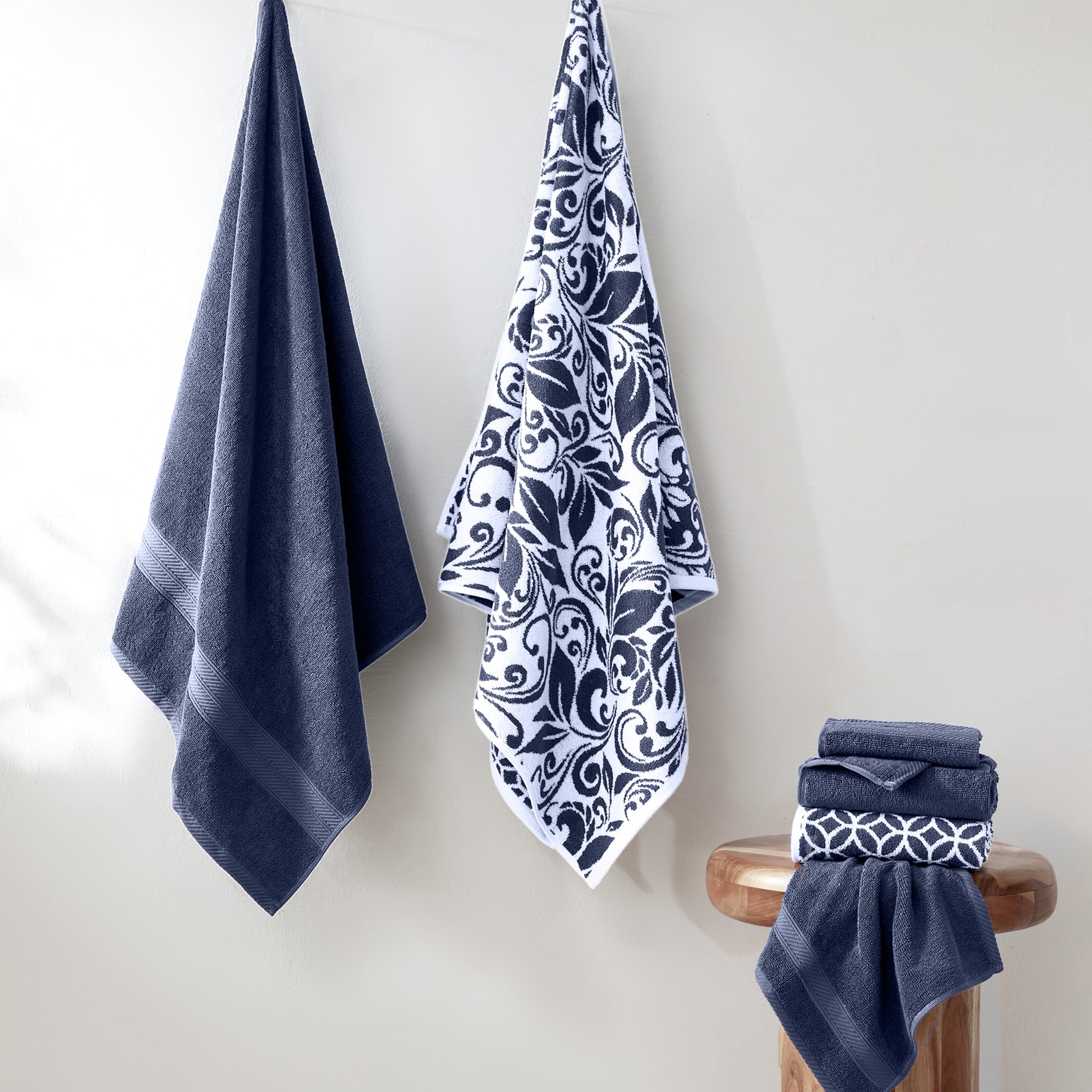Modern Threads Trefoil - Juego de 6 Toallas de Jacquard teñidas de Hilo Reversible de Filigrana, Toallas de baño, Toallas de Mano y paños de baño, súper absorbentes y de Secado rápido, 100% algodón