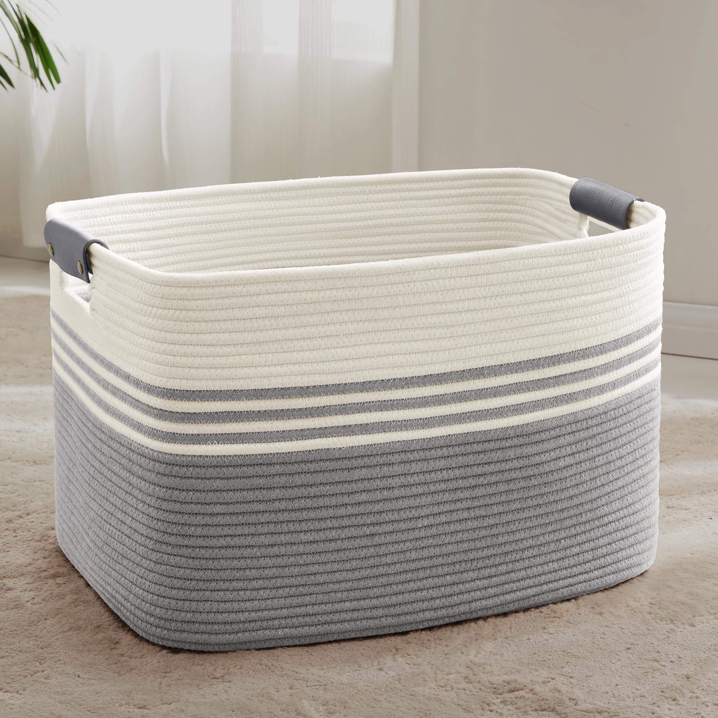MYHOMMATTO 86L Extra Large Laundry Basket with Leather Handles for Living Room Storage, Woven Rope Baskets for Blanket, Kids Toy, Gifts, Wicker Hamper for Bedroom Dirty Clothes, 24"x16"x14" White Grey