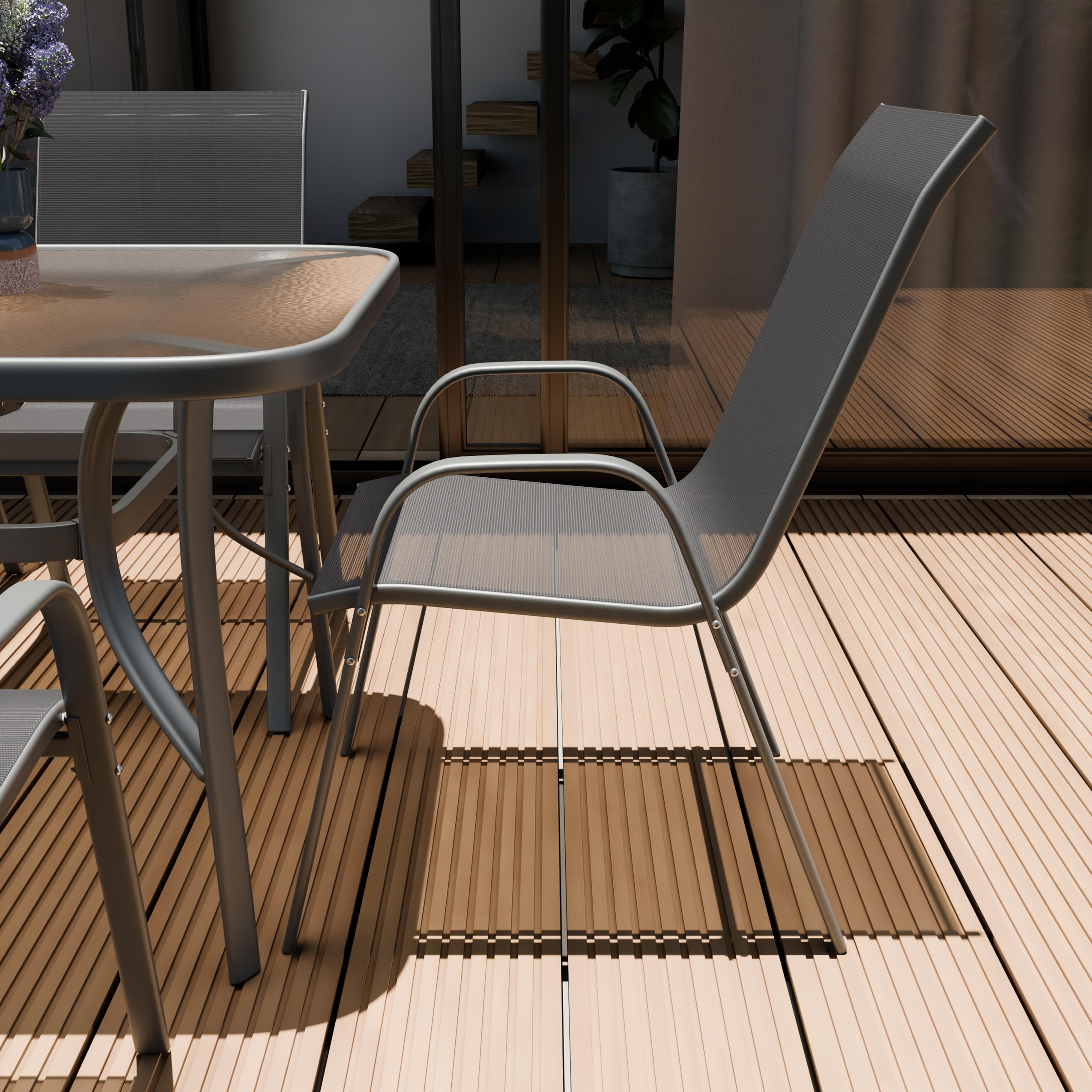 ZENJOY, Kindly, Gartenmöbel Set mit 6 Stühlen, Gartenmöbel Set, 150x90cm Glastisch mit Loch für einen Regenschirm, Stapelbare Textilene-Stühle, Wetterfest, UV-beständig, Grau