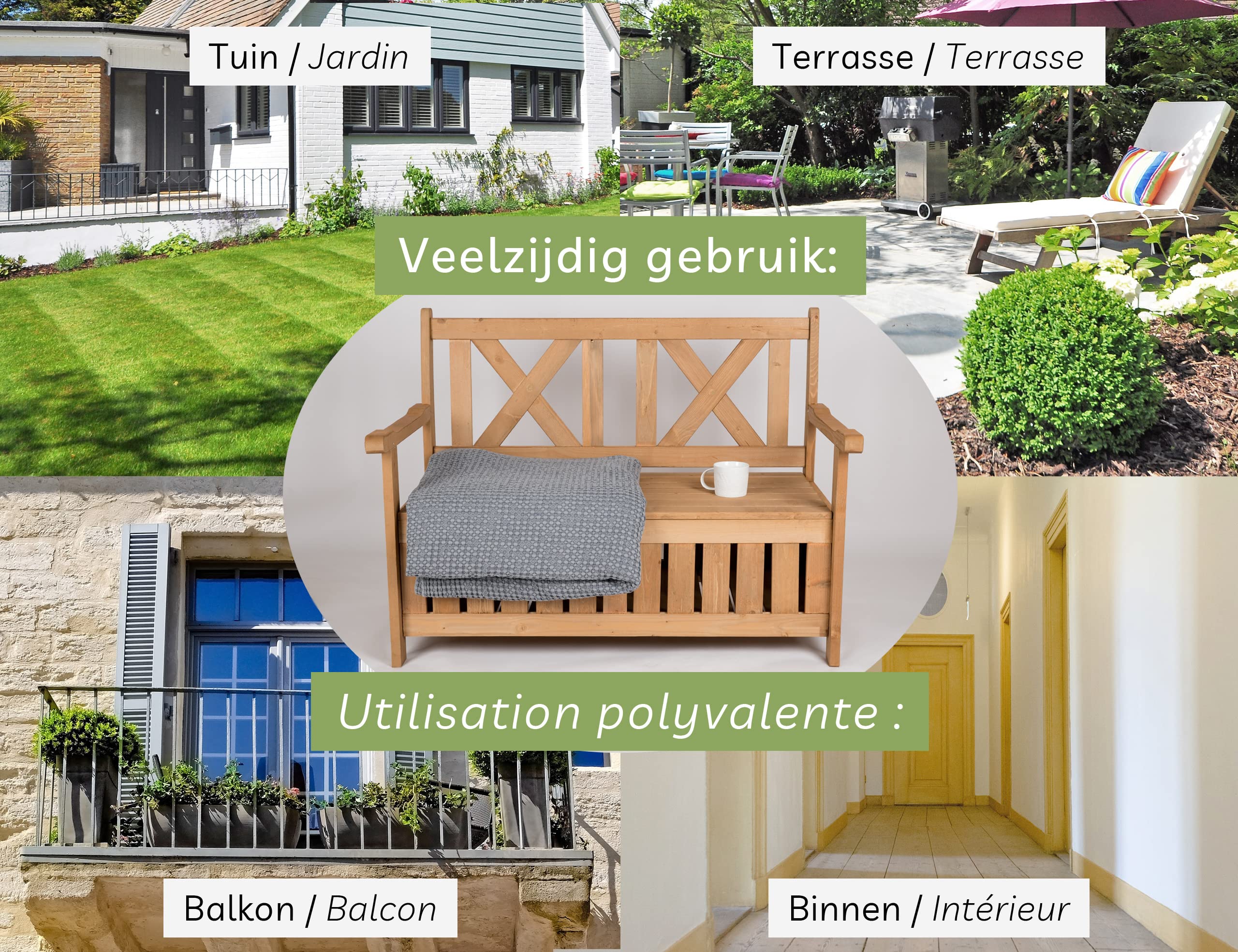needs&wants® Banc de Jardin en Bois résistant aux intempéries avec Espace de Rangement et Couverture, Coffre 2 Places, de Parc Jardin extérieur avec Coffre