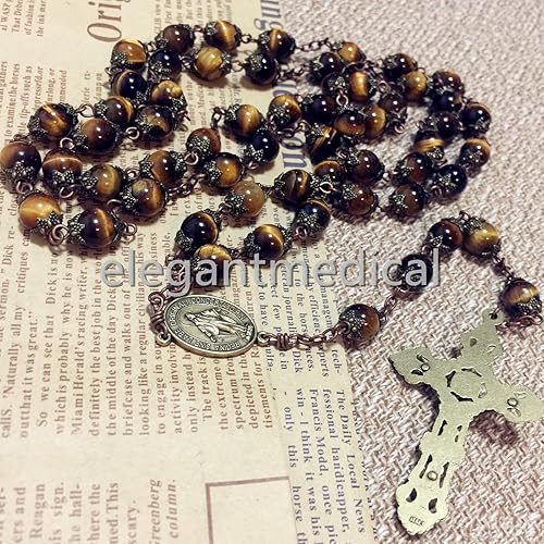 Miniatura 4 de elegantmedical Collar católico hecho a mano con 5 cuentas de ojo de tigre, rosario, bronce, cruz católica, regalo, Ojo de tigre