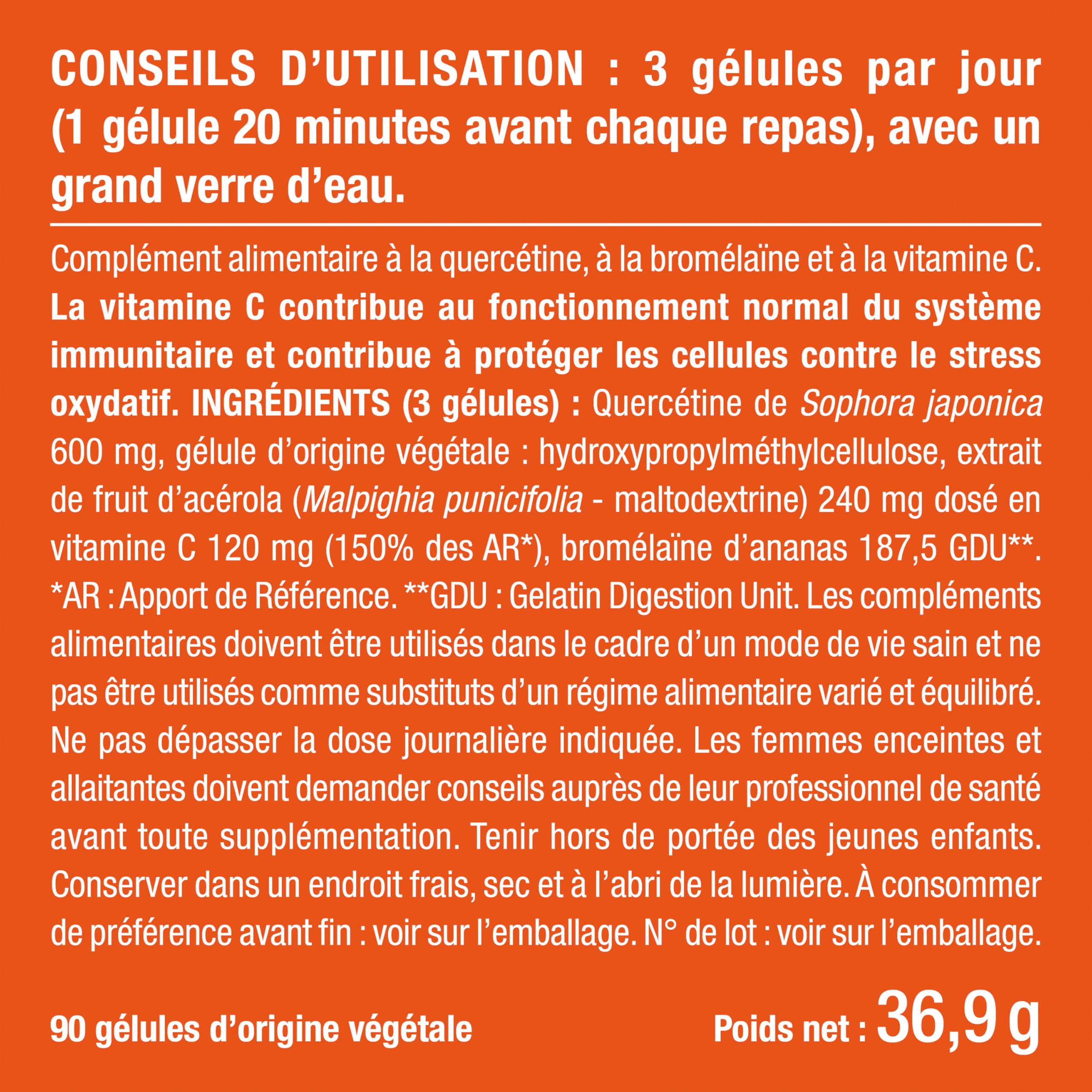 QUERCETINE - 600 mg - Vegan & Sans Excipient - Avec Bromelaine & Vitamine C Végétales - Puissant Antioxydant, Renforce l'Immunité - Nutrimea - 90 Gélules - Fabriqué en France