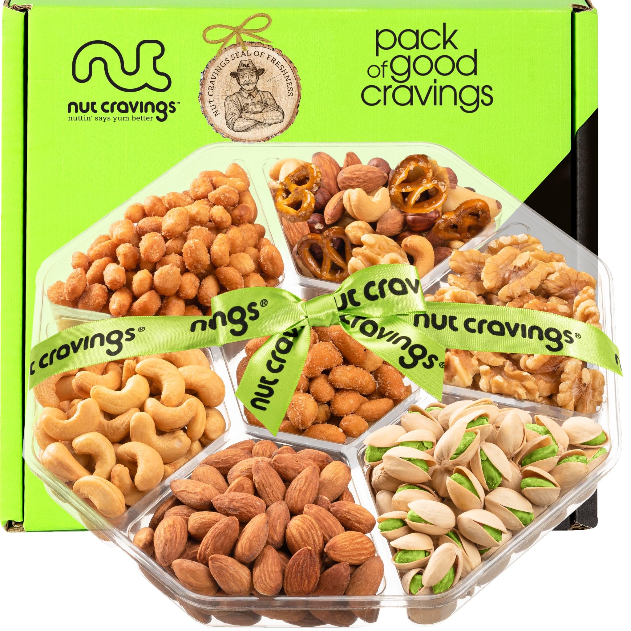 Valentines Day Mixed Nuts Gift Basket + Green Ribbon (7 Assortments) Galentines Gourmet Food Bouquet Arrangement Platter, Birthday Care Package Tray, Healthy Kosher Snack Box, Her Him Women Men