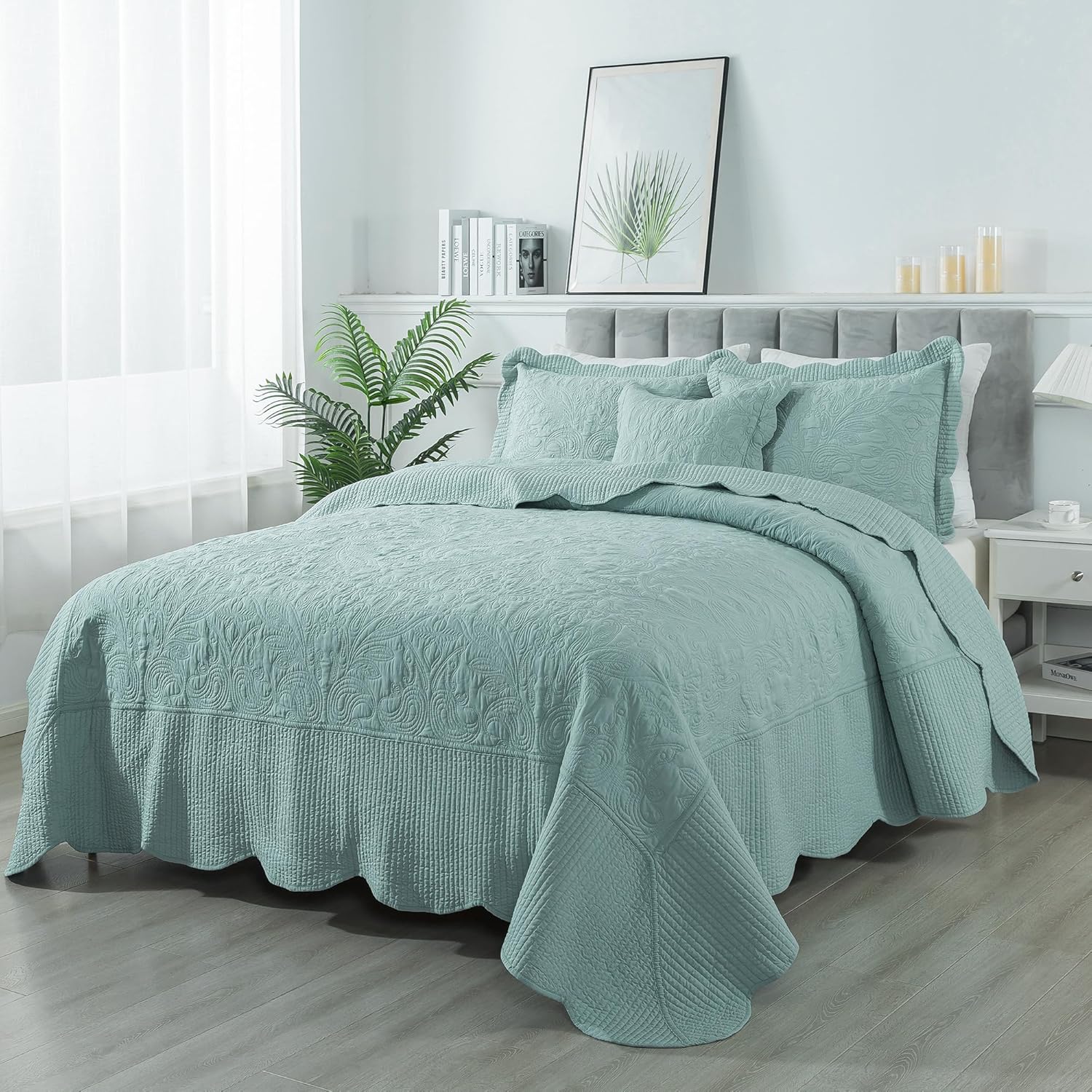 HoneiLife California King Quilts - Oversized King Bedspreads 128x120, Rustic Bedding Sets 4-Piece,Reversible Coverlets Lightweight Bed Cover for All Season Use-Sage Green - Image 2
