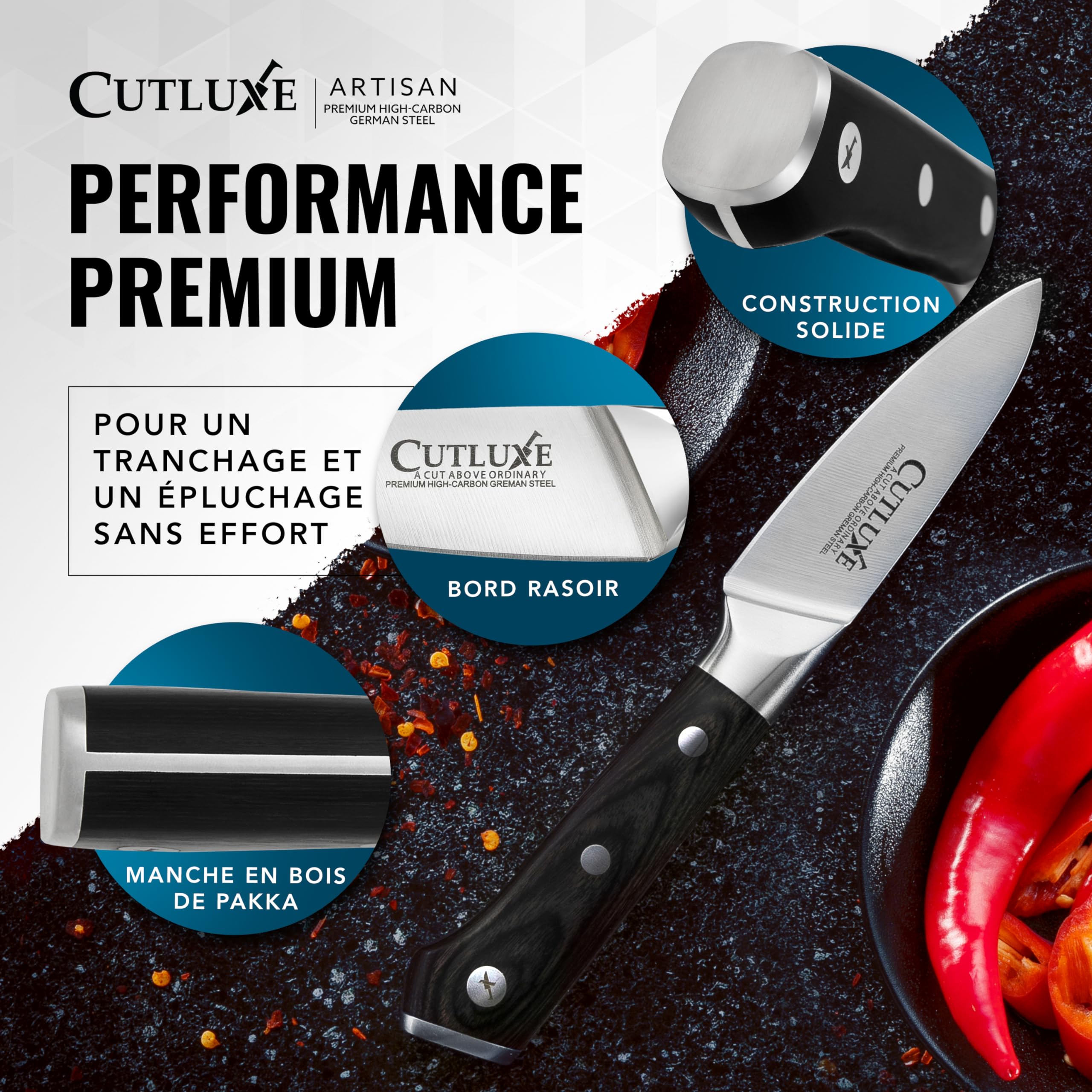 Cutluxe Couteau d'Office - Petit Couteau de Chef Professionnel 9cm - Lame Professionnelle en Acier Allemand à Forte Teneur en Carbone - Couteaux de Cuisine Premium à Tang Complet - Série Artisan