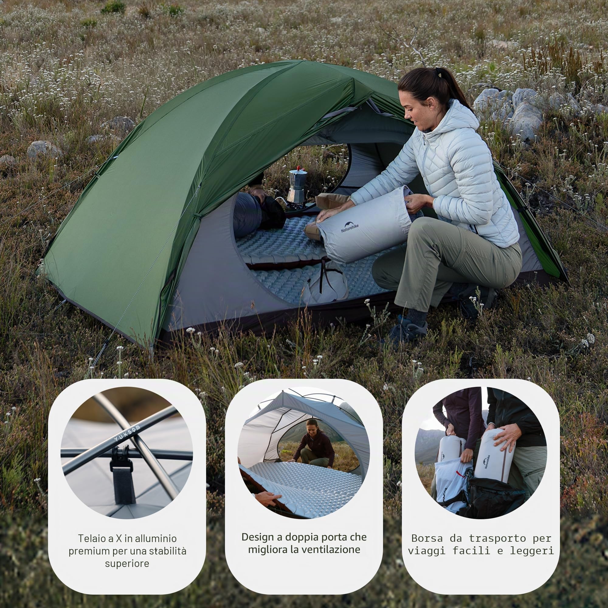 Naturehike Cloud Creek - Tenda da campeggio per 2 persone, ultraleggera, in alluminio 7001, protezione solare e impermeabile, per escursioni, avventure all'aperto (verde foresta/2 persone)