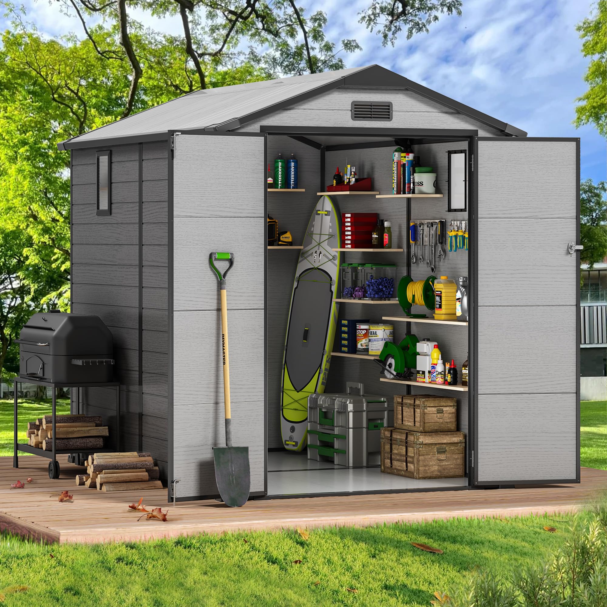 SYLVIERA 6×8FT Plastic Outdoor Storage Shed, Double Door Tool Shed with Transparent Roof and Vent, Lockable Door with Key, Storing Patio Furniture,