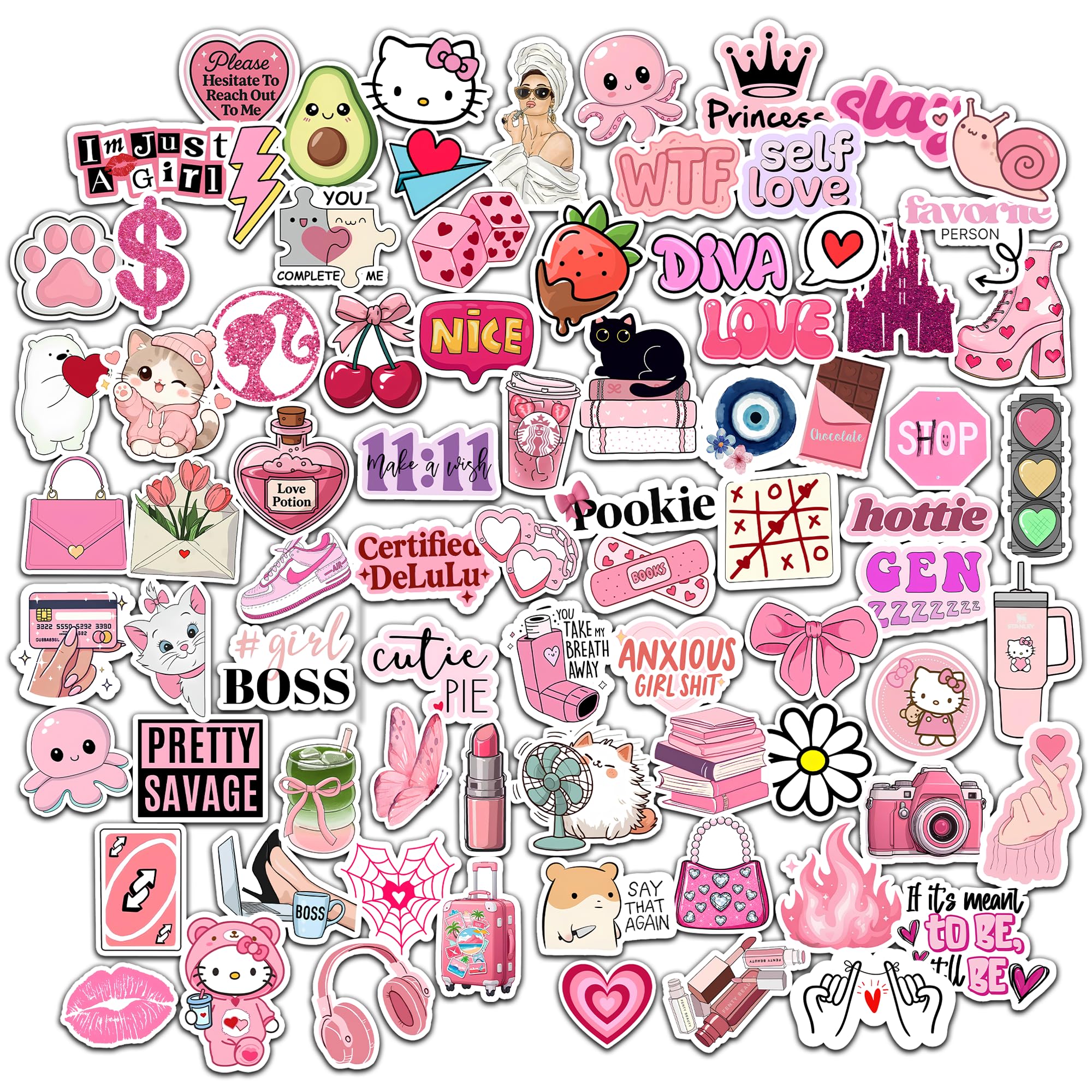 80 Pcs Cute Girls Aesthetic Stickers for Laptop, Water Bottle, Scrapbook, Luggage, Mobile Phone | Pink Cartoon Vinyl Decal Set for Kids & Teens | Waterproof & Durable DIY Decor-image-19