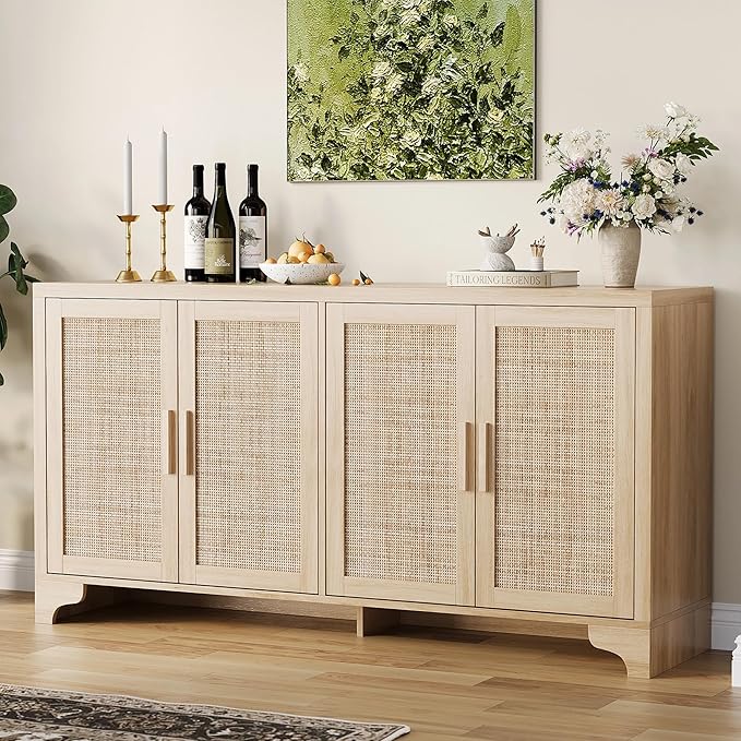 GarveeHome 4-Door Sideboard Buffet Cabinet, Natural Rattan Storage Cabinet, Boho Entryway Console Table, Coffee Bar Station for Dinning Room, Living Room, Kitchen