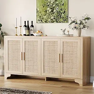 GarveeHome 4-Door Sideboard Buffet Cabinet, Natural Rattan Storage Cabinet, Boho Entryway Console Table, Coffee Bar Station for Dinning Room, Living Room, Kitchen