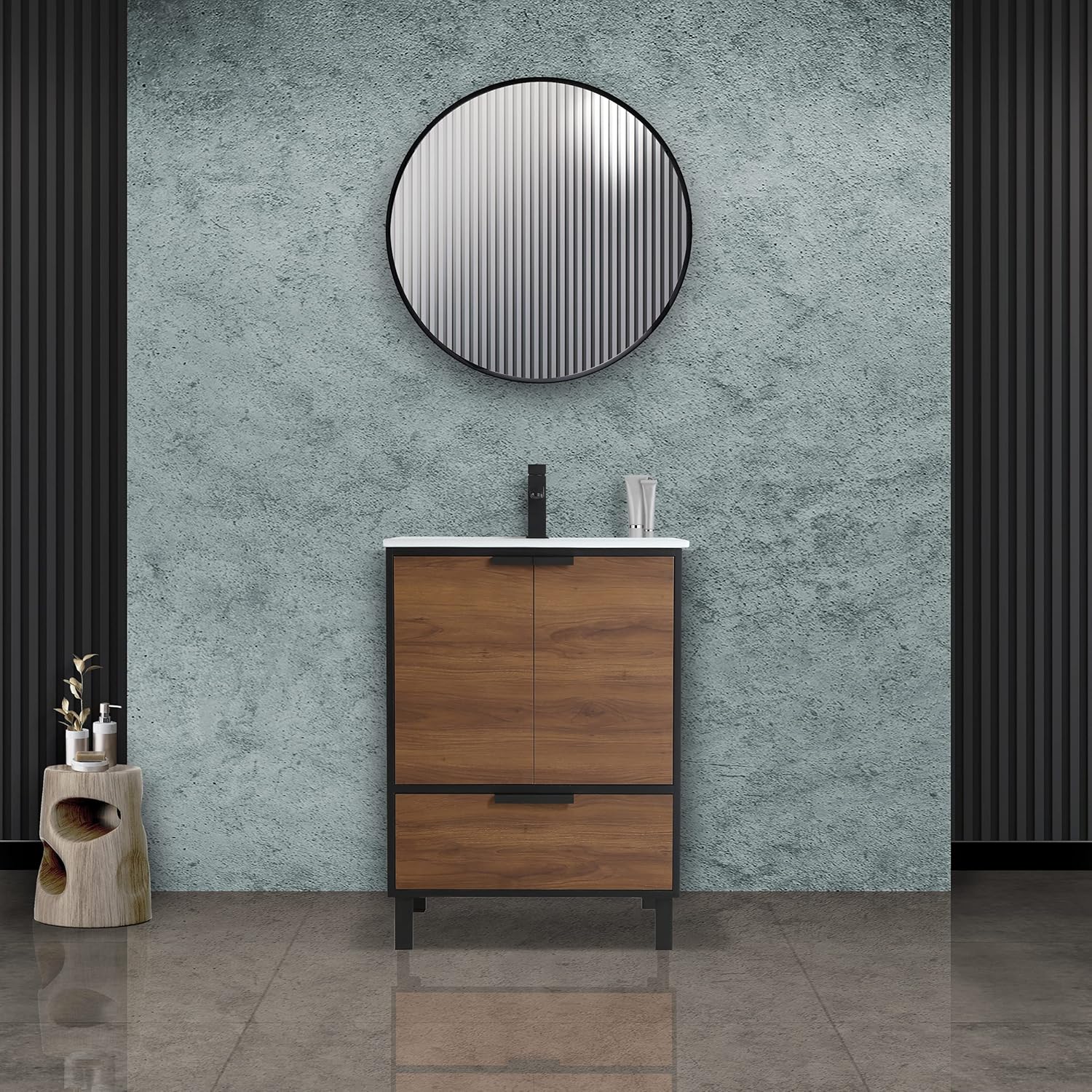 Fine Fixtures Hamilton 24 Inch Bathroom Vanity with Sink – Modern Design, Soft-Close Doors, Storage Drawers, Durable Build – Walnut Vanity for Small Bathrooms