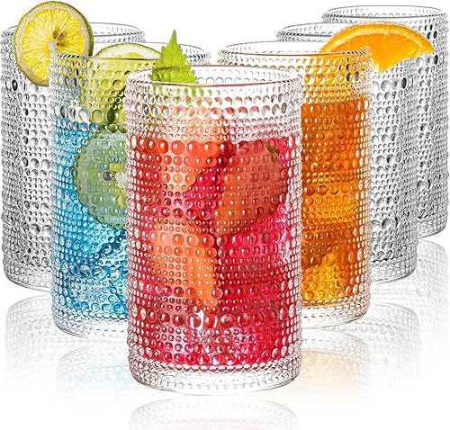 Hobnail - Vasos para beber, 6 vasos altos con diseño en relieve, vasos de vidrio de 12 onzas, vaso alto de vidrio de agua, tazas de mojito, vaso de