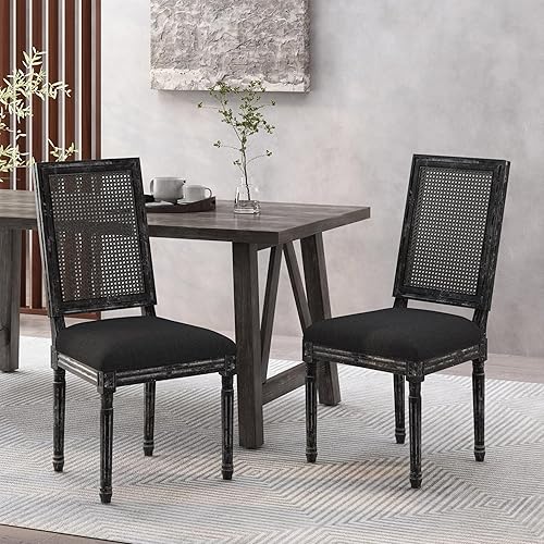Miniatura 5 de Dining Chairs Set of 2, French Country Style Table & Chair Sets with Rubberwood Frame, Upholstered Seats and Cane Backrest for Dining Room, Kitchen,