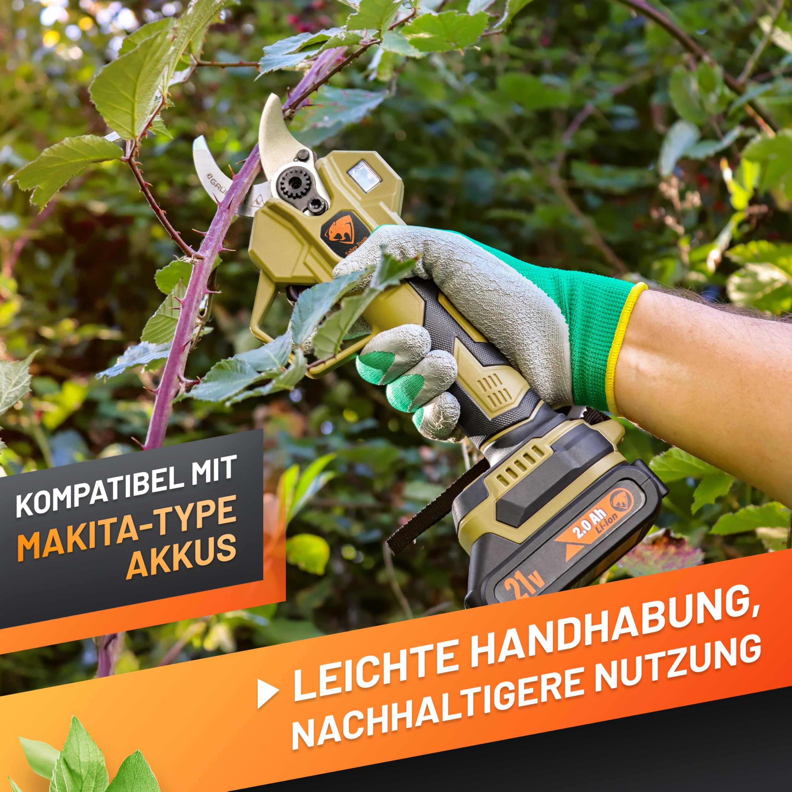 GRÜNTEK Akku Astschere 21V 2Ah Brushless, Elektrische Gartenschere Akku bis 30mm, 400W Bürstenloser Motor SK5 Klinge Makita-Kompatibel, Koffer Komplett-Set Baumschere Akkuschere