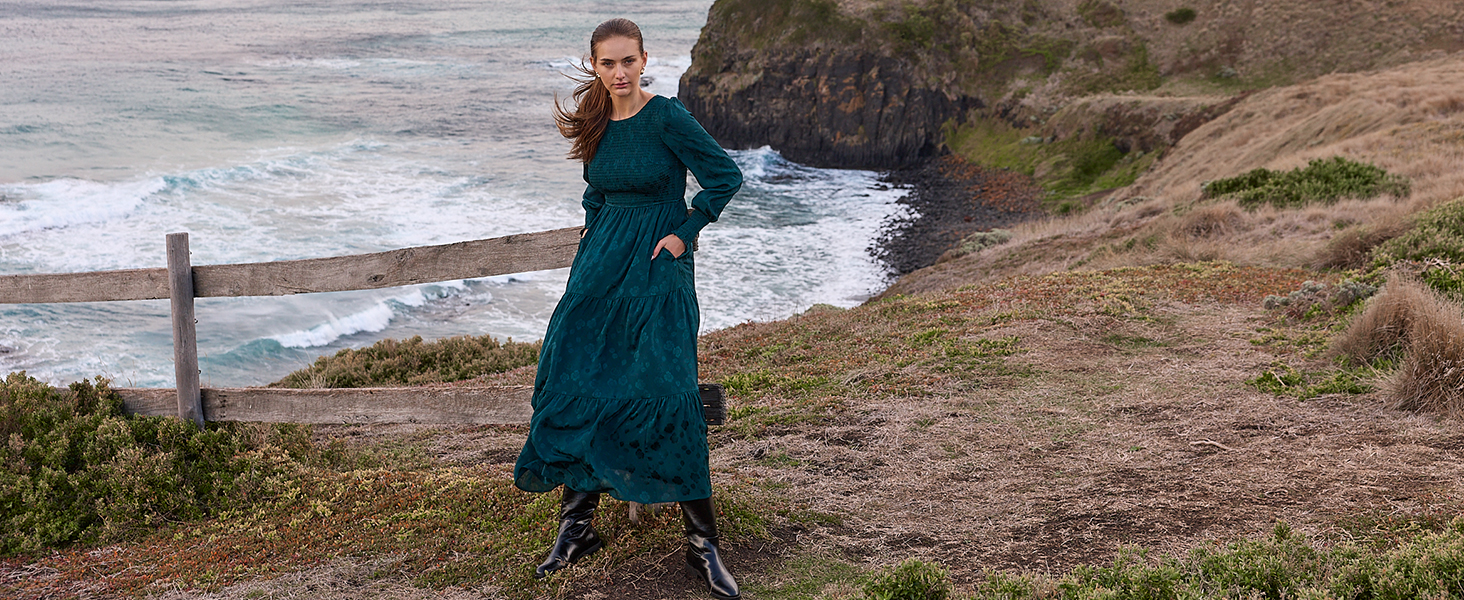 PRETTYGARDEN Women's Fall Spring Midi Dress Long Sleeve Floral Smocked  Elegant Wedding Guest Long Flowy Dresses with Pockets (Army Green,Small) at  Amazon Women's Clothing store