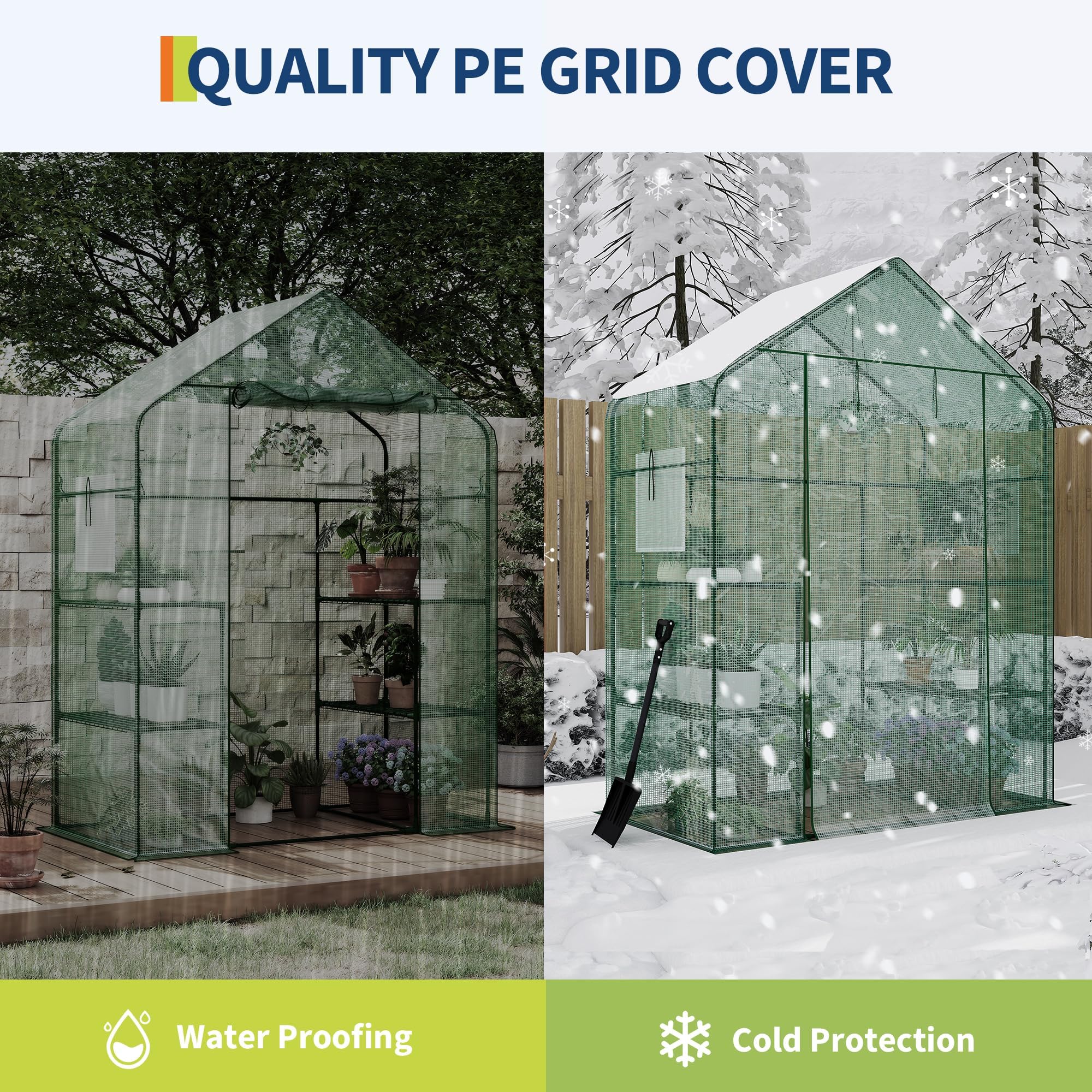 Garvee Invernadero de jardín con caseta Walk-in, 143 x 73 x 195 cm, Invernadero para Plantas con Cubierta de PE 140 G Impermeable y Estructura de Acero, 4 estantes extraíbles, 1 Puerta y 2 Ventanas