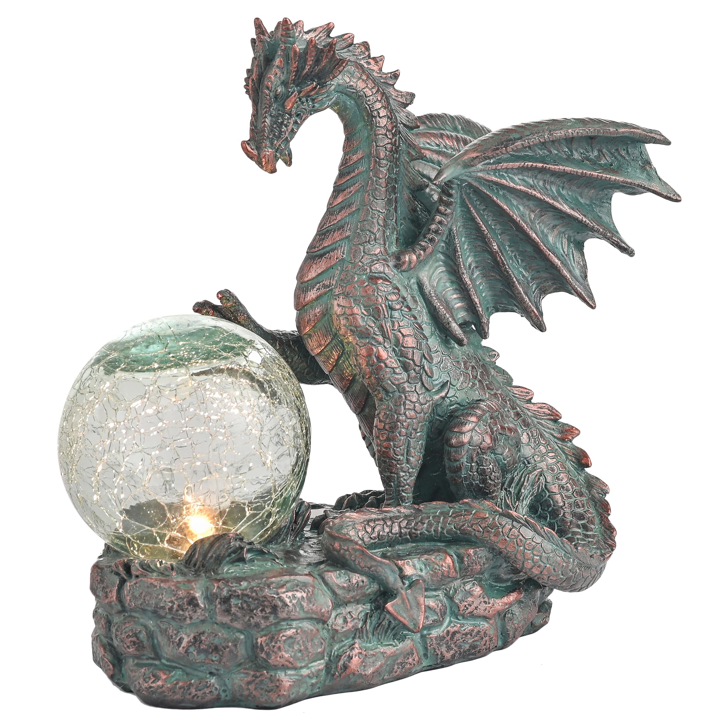 TERESA'S COLLECTIONS Garten Drache Figur mit Solar Licht, Gartendeko für draußen,Gartenfiguren Balkon Terrasse Yard,15cm, wasserdichte Kunstharz Glas, Geschenke für Frauen/Mama/Papa