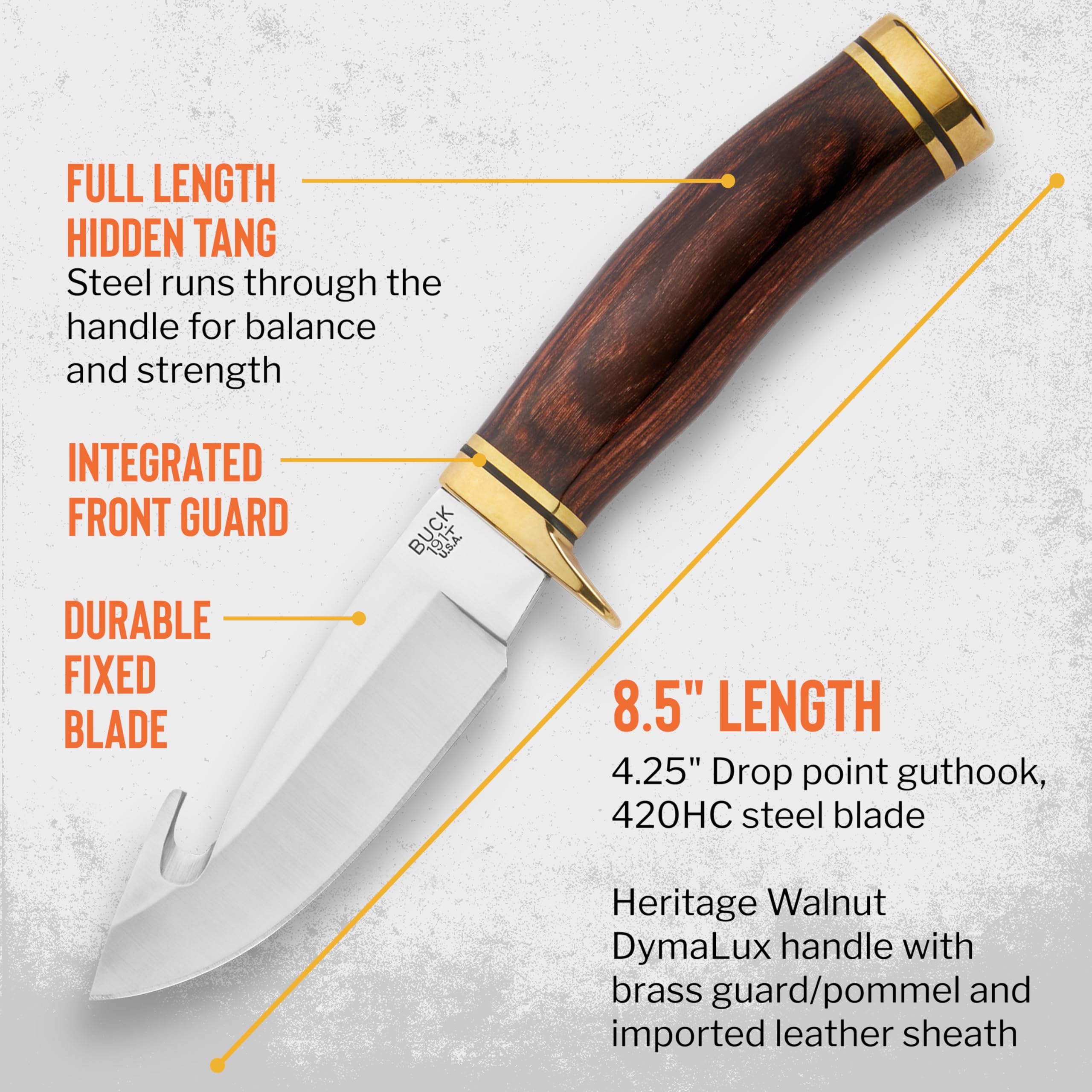 Buck Knives Faca de lâmina fixa Guthook com zíper 191 Buck com