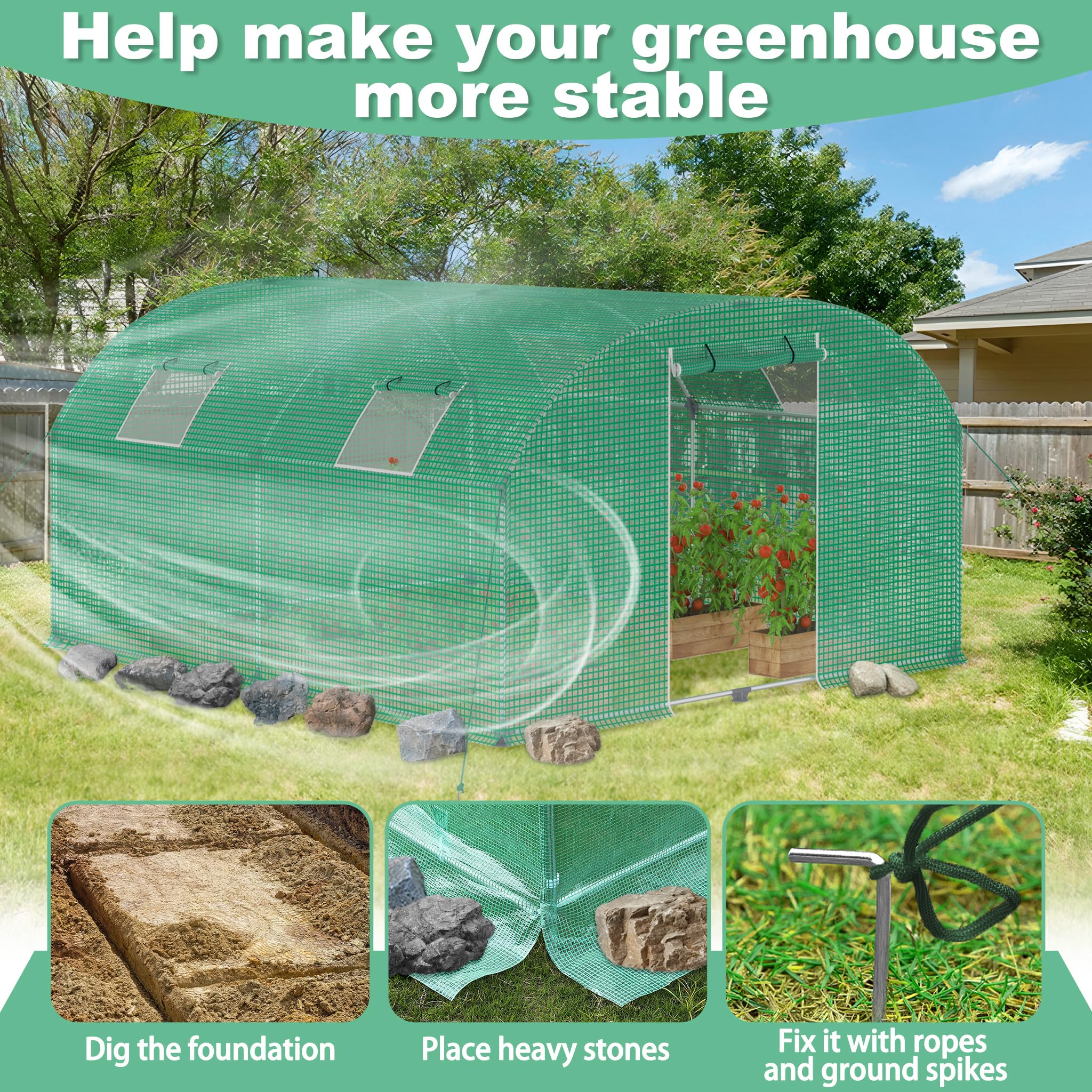 Aufun – Invernadero de polietileno estable 3x8x2 m con 8 ventanas con mosquitero y puerta | Túnel de jardín con estructura de acero galvanizado | Invernadero para tomates, tienda de polietileno