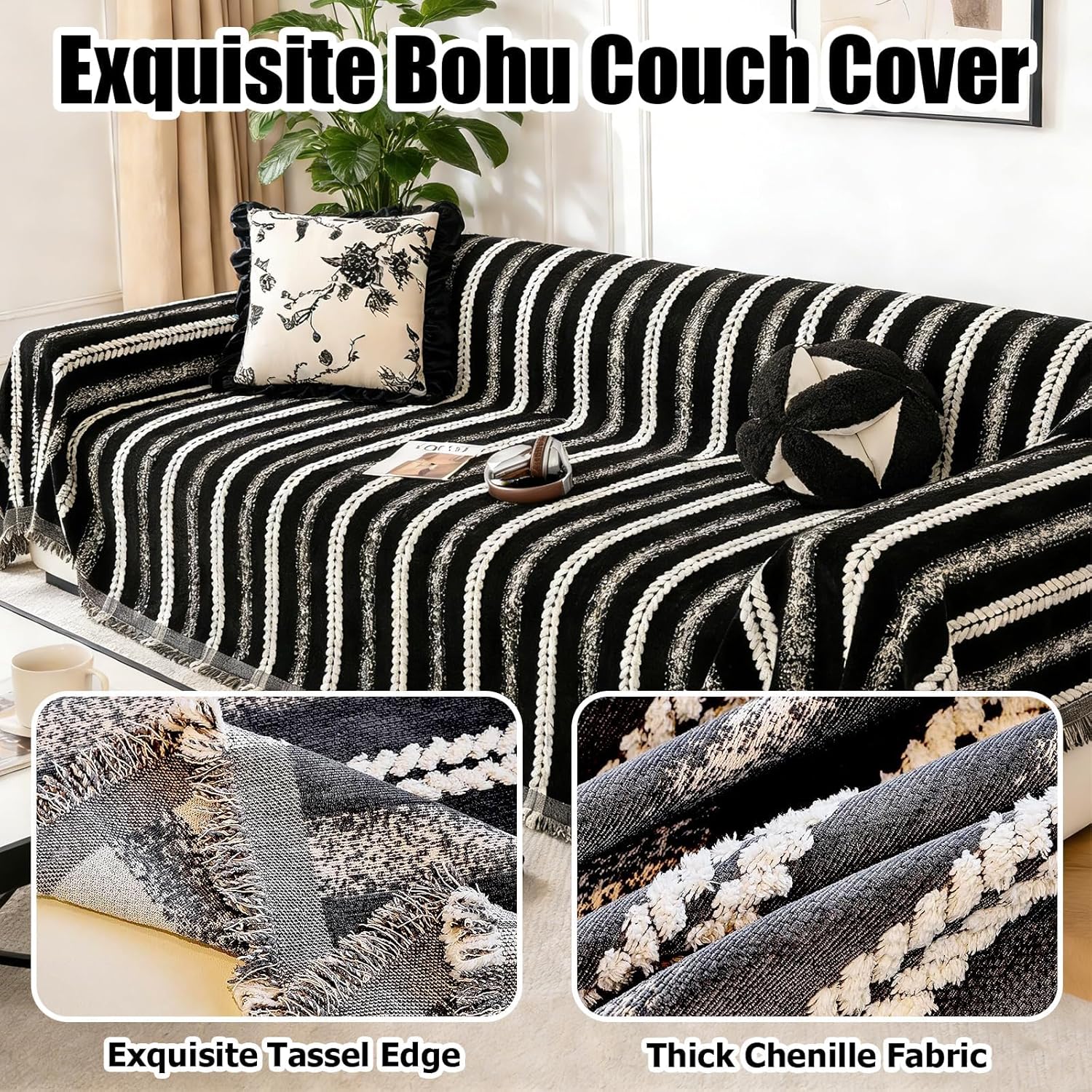 Couch Cover for Dogs, Pet Sofa Protector Washable, Non Slip Boho 3 Cushion Couch Furniture Covers for Pets Kids Living Room (Black, 71" x 118")
