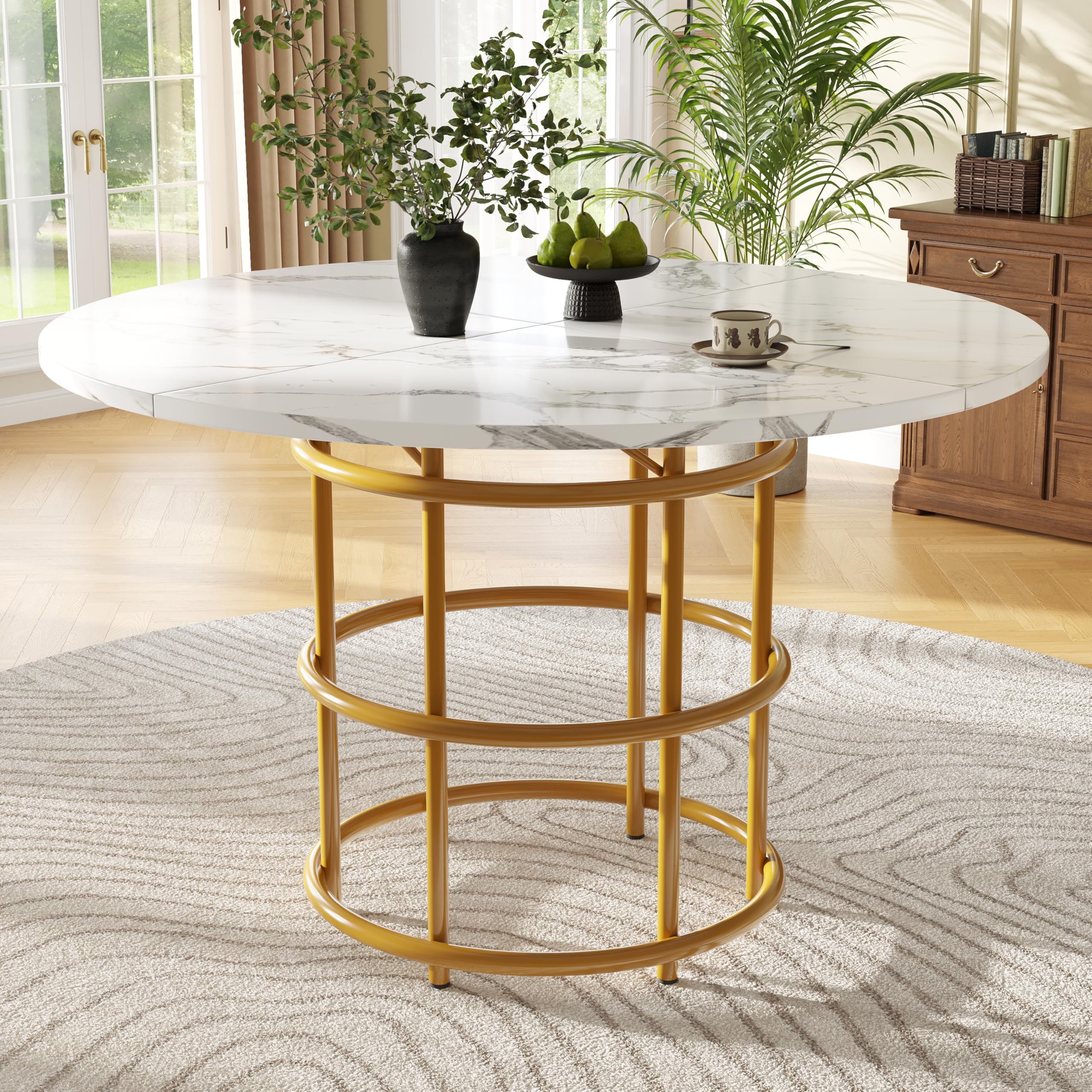 Okrągły stół do jadalni 100 x 100 x 76 cm marmurowy blat regulowane nogi metalowa podstawa siedziska 4-6 osób eleganckie złote wykończenie idealne do kuchni i jadalni - model 1102
