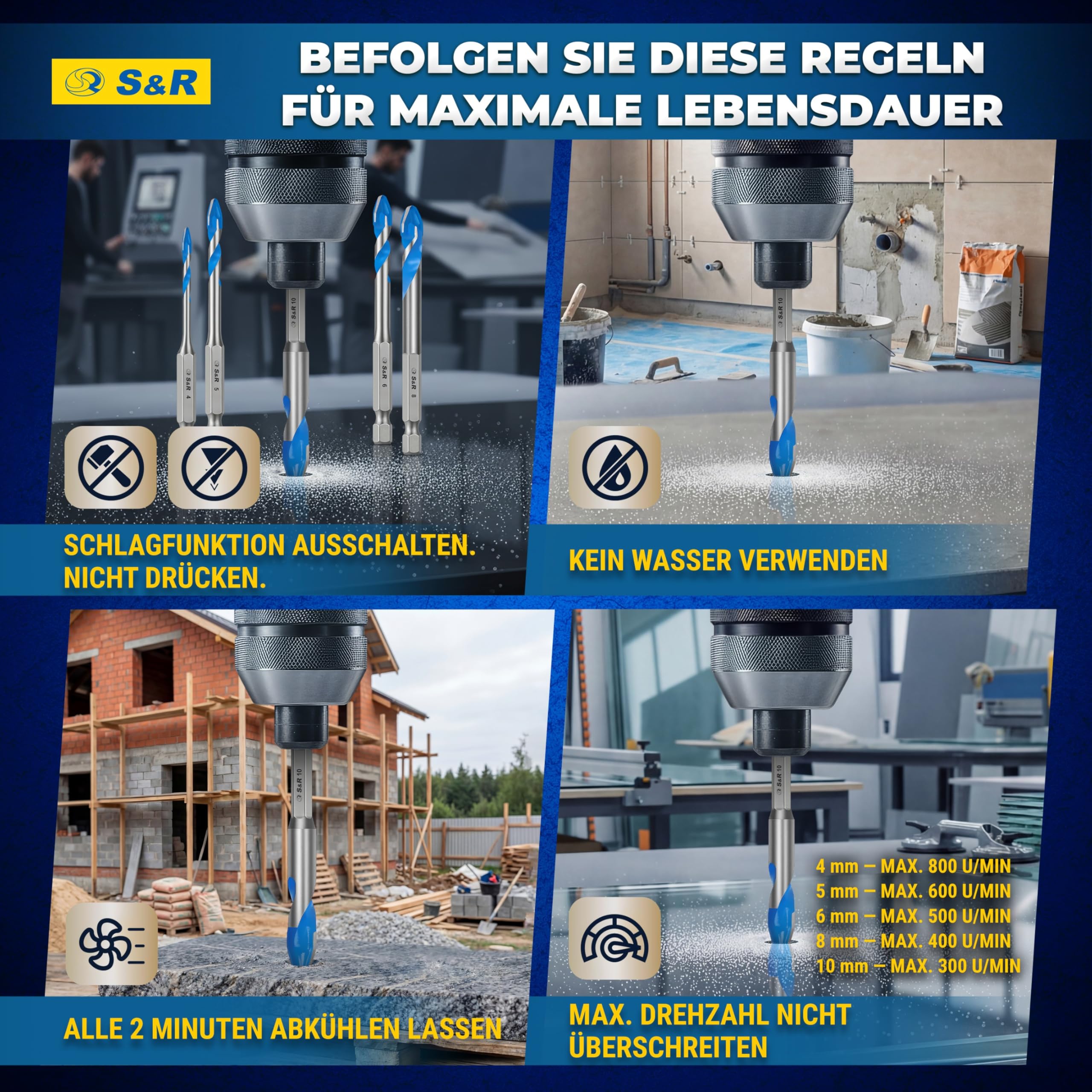S&R Professional Keramikbohrer Set 5-tlg, Fliesenbohrer 4mm 5mm 6mm 8mm 10mm, für Feinsteinzeug, Keramik, Hartkeramik, Granit, Glas, Marmor, mit Sechskantschaft, Glasbohrer, Profi Fliesen Bohrer Set