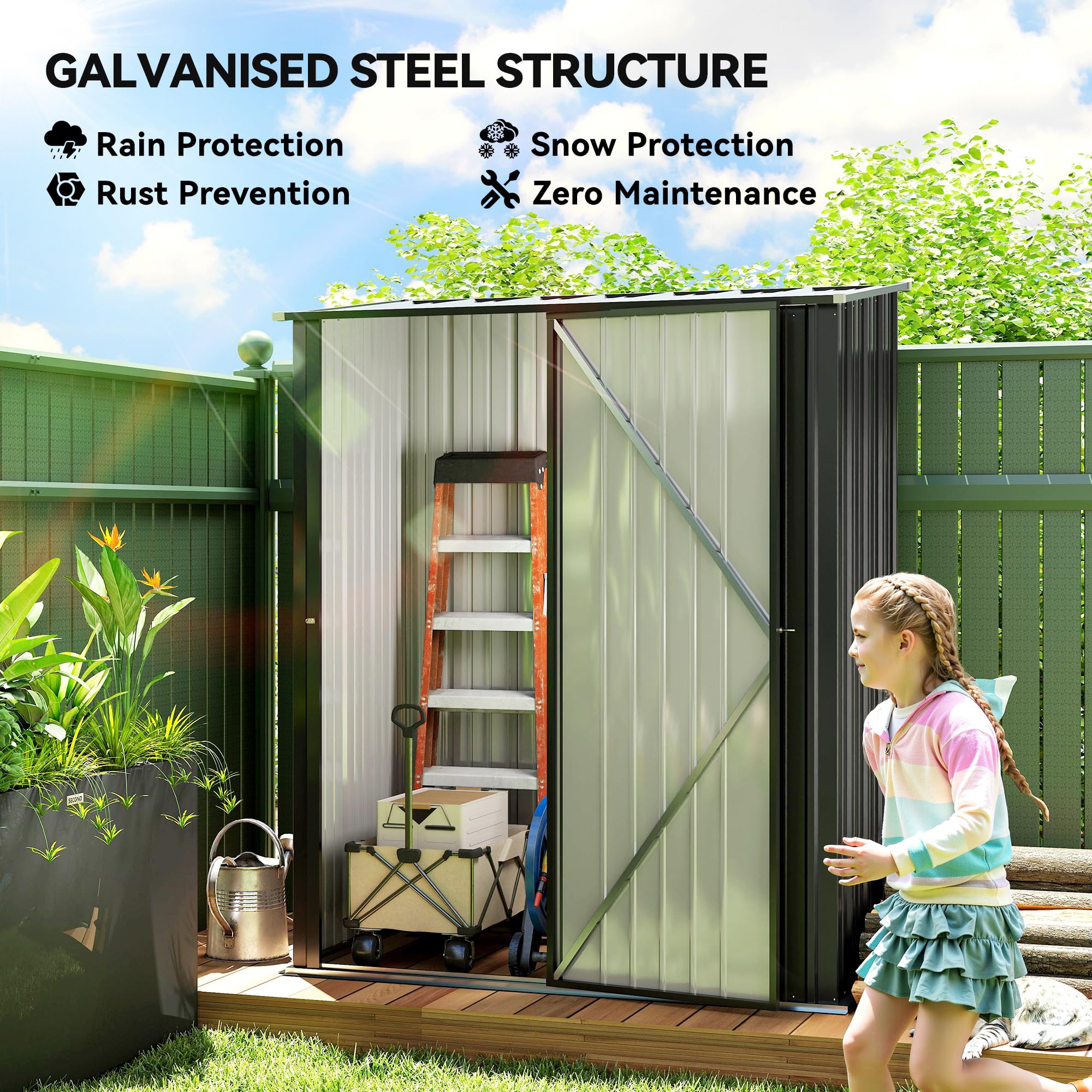 Outsunny 5' x 3' Outdoor Storage Shed, Steel Garden Shed with Single Lockable Door and Gloves, Tool Storage House for Backyard, Patio, Lawn, Black — view 3
