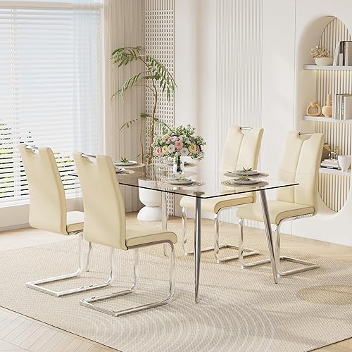 Miniatura 36 de Juego de mesa de comedor moderno de 51" de 7 piezas para 6, mesa rectangular de cristal con 6 sillas tapizadas en cuero, capacidad para 6 personas,