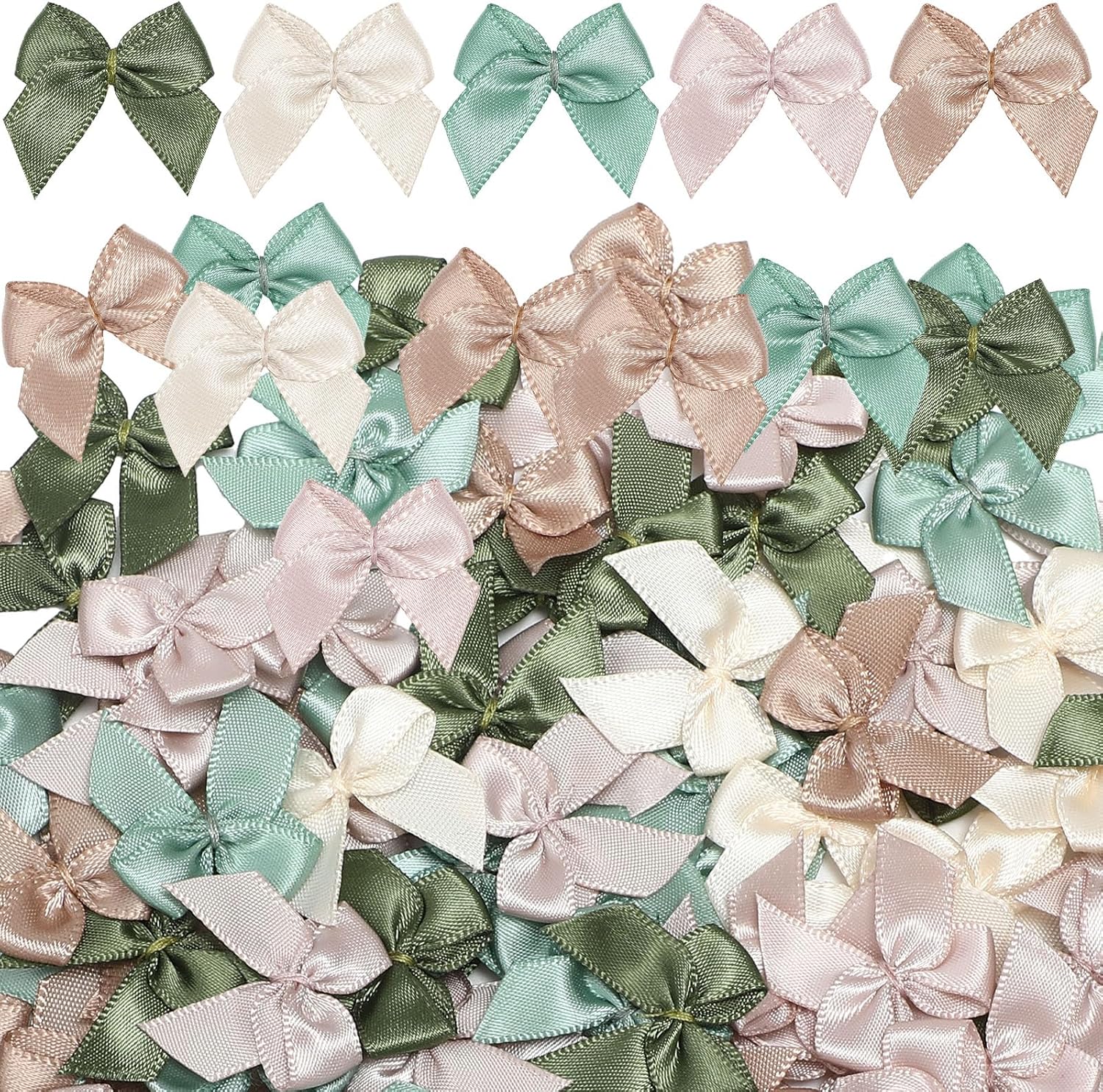 Syhood 150 Pcs Christmas Mini Bow Tiny Twist Tie Handmade Craft Ribbon Bow Hair Small Holiday Ribbon Craft Supply for DIY Sewing Party Decor (Sage Green&Beige)