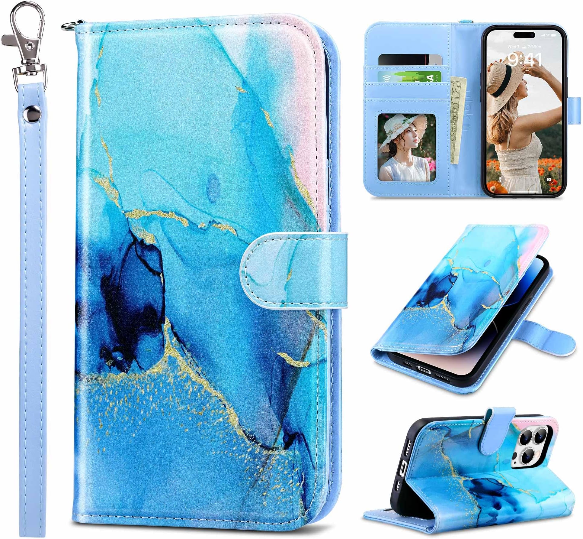 ULAK Compatible with iPhone 15 Pro Wallet Case with Card Holders, Designed Flip Case Wallet for Women Girls PU Leather Kickstand Wrist Strap Shockproof Phone Cover for iPhone 15 Pro 6.1'', Marble