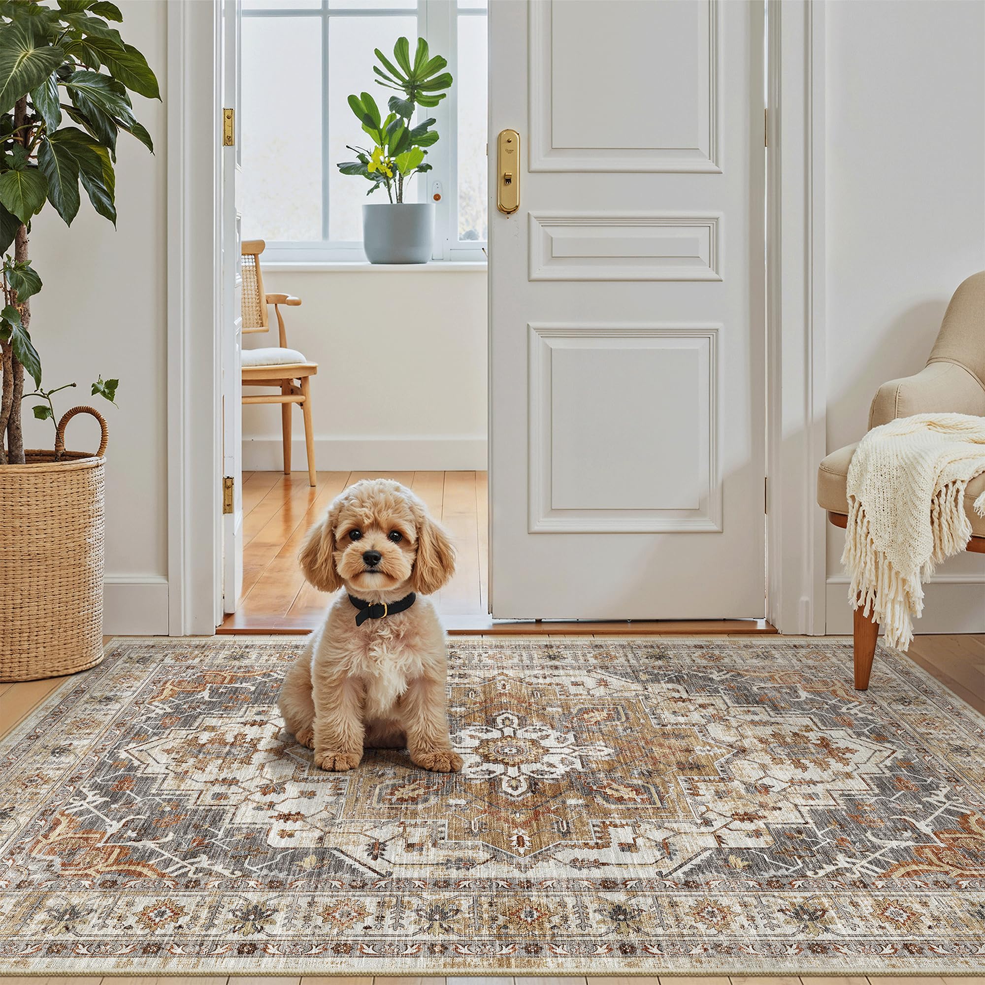 Madane Washable Entry Rug 3x4, Area Rugs for Entryway Kitchen Bathroom Door Mat Indoor Entrance, Vintage Floral Print Office Runner with Non Slip Rubber Backing, Turmeric/Grey