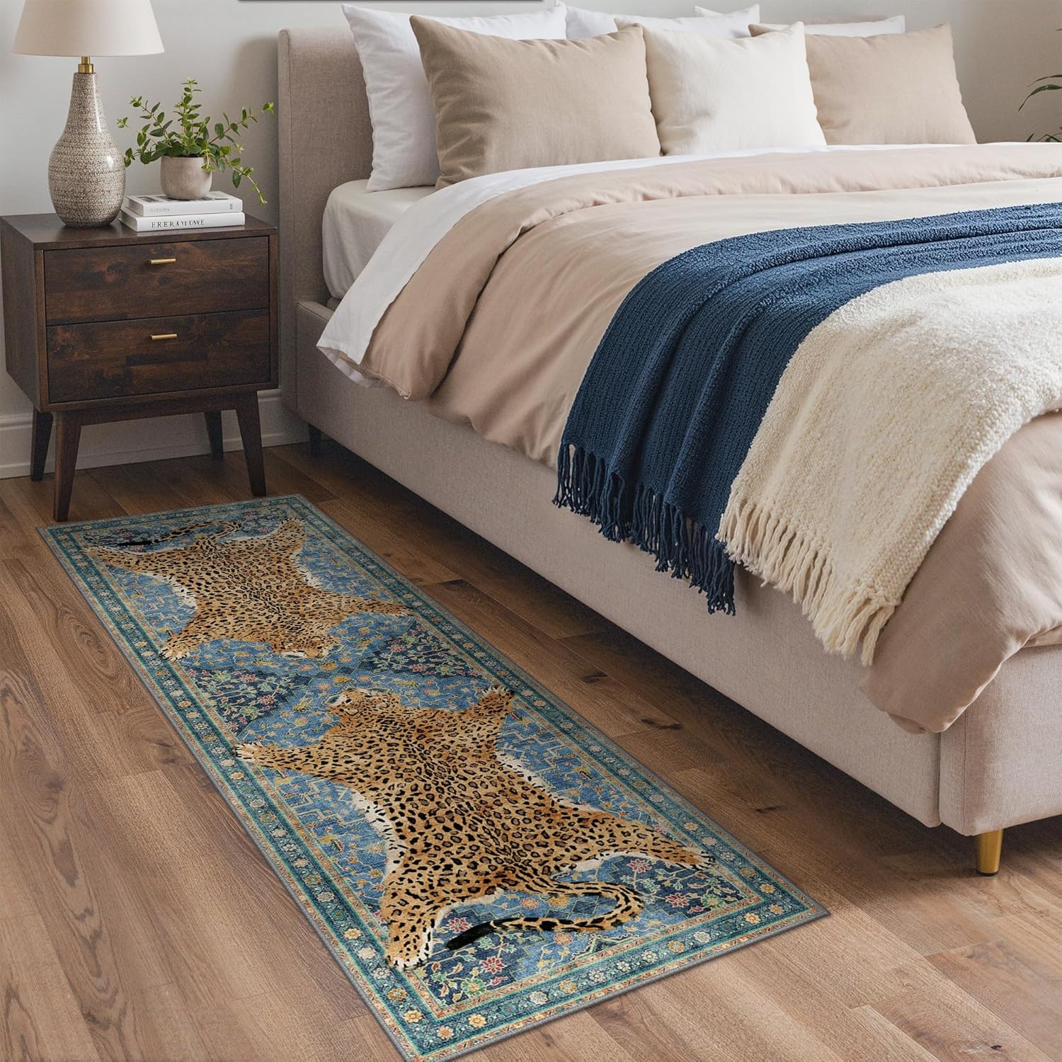 GENIMO Animal Print Area Runner Rug for Kitchen Living Room Dining Bedroom Entryway Hallway Office Bathroom - Leopard Print Non-Slip Soft Machine Washable Large Floor Rug Carpet - Blue/Yellow 2x5 Ft
