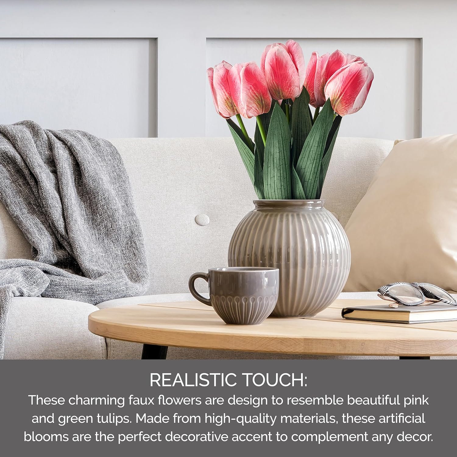 Mikasa Faux Tulips Artificial Flowers, Pink and Green Tulip Stems with Greenery, Set of 7 Realistic Plastic Silk Flowers, Fake Tulip Bouquet for Home Decor Vase, Floral Arrangement