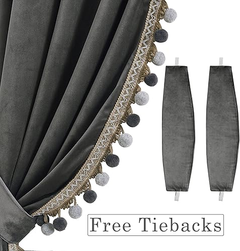 Miniatura 3 de StangH Cortinas de terciopelo gris Juego de 2 paneles de cortinas de lujo con pompones para sala de estar, cortinas bohemias para oscurecer la
