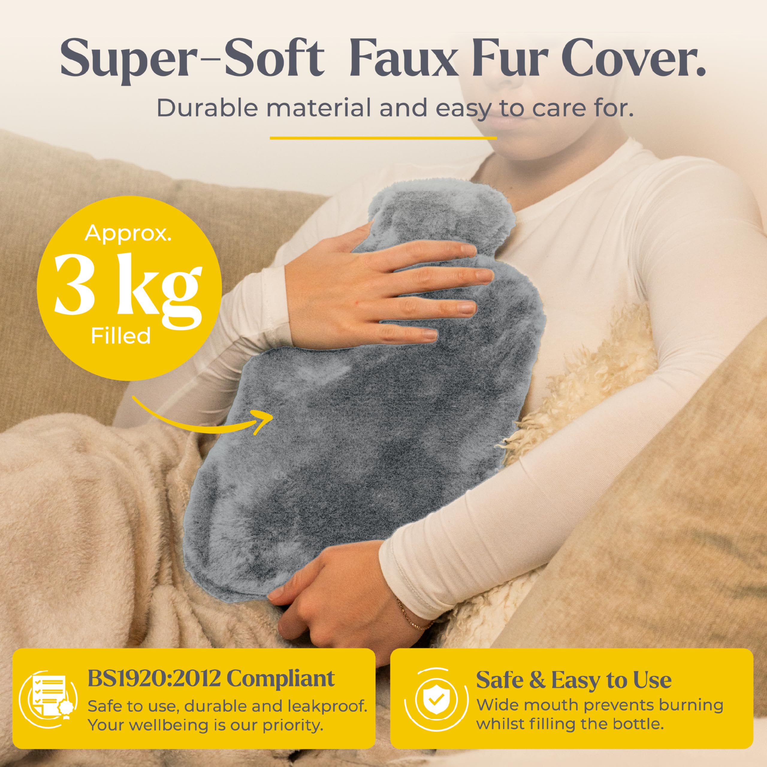 Qomfor hot water bottle XXL with premium faux fur cover - grey