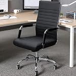 VICTONE Leather Office Desk Chair, Ribbed Executive Modern Conference Room Chairs with Arms Task Chair Adjustable Swivel Chair for Home Office (Black, Mid Back)